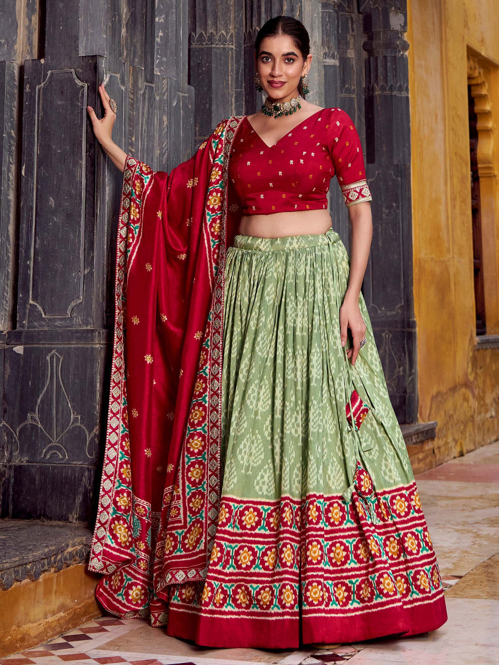 Green Beautiful Light Silk Ikkat Printed Lehenga Choli With Dupatta