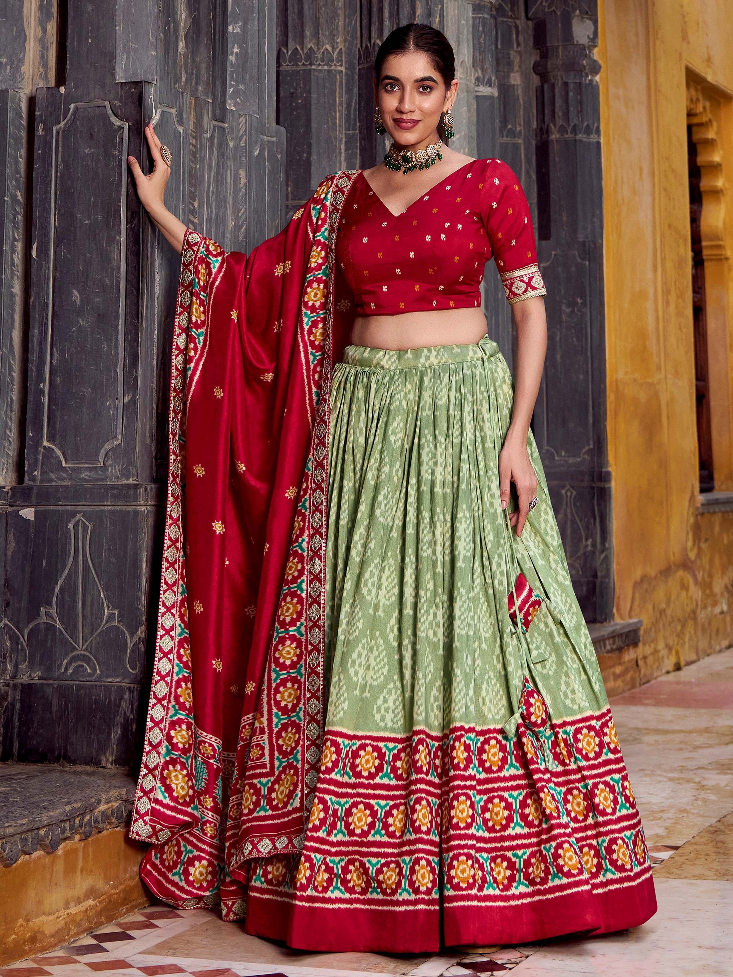 Green Beautiful Light Silk Ikkat Printed Lehenga Choli With Dupatta