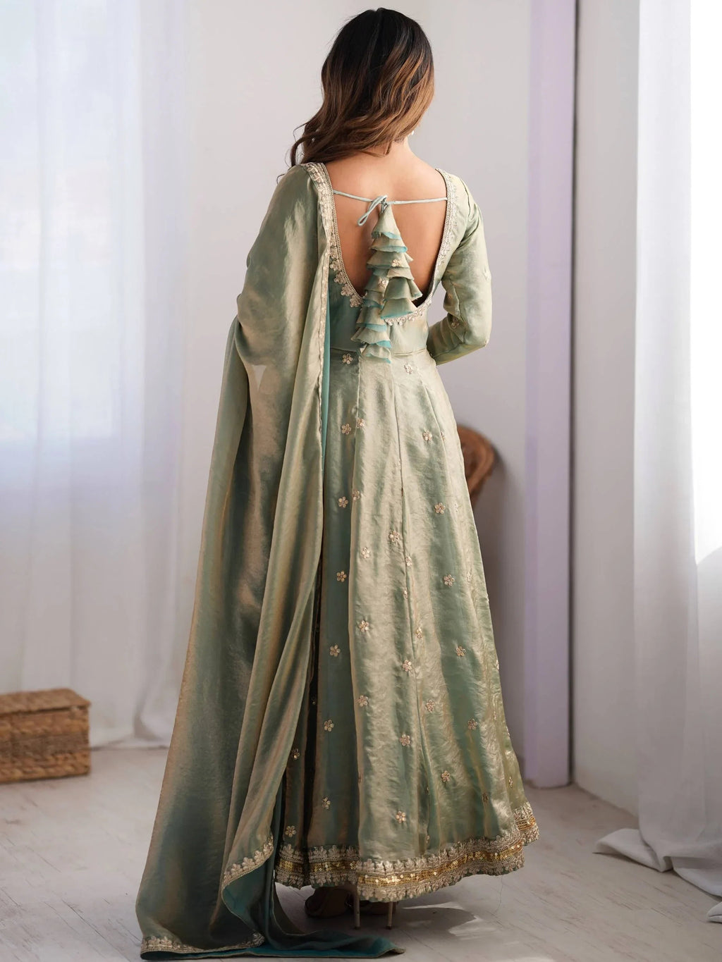 Green Dazzling Coding Work Silk Festive Wear Gown With Dupatta