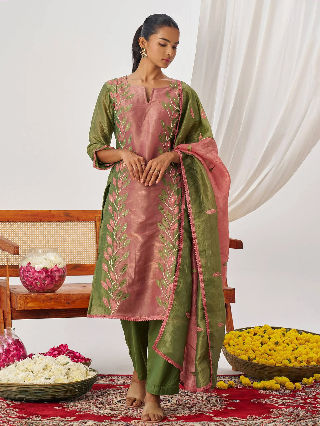 Glamorous Green Organza Mirror Work Festive Wear Pant Suit