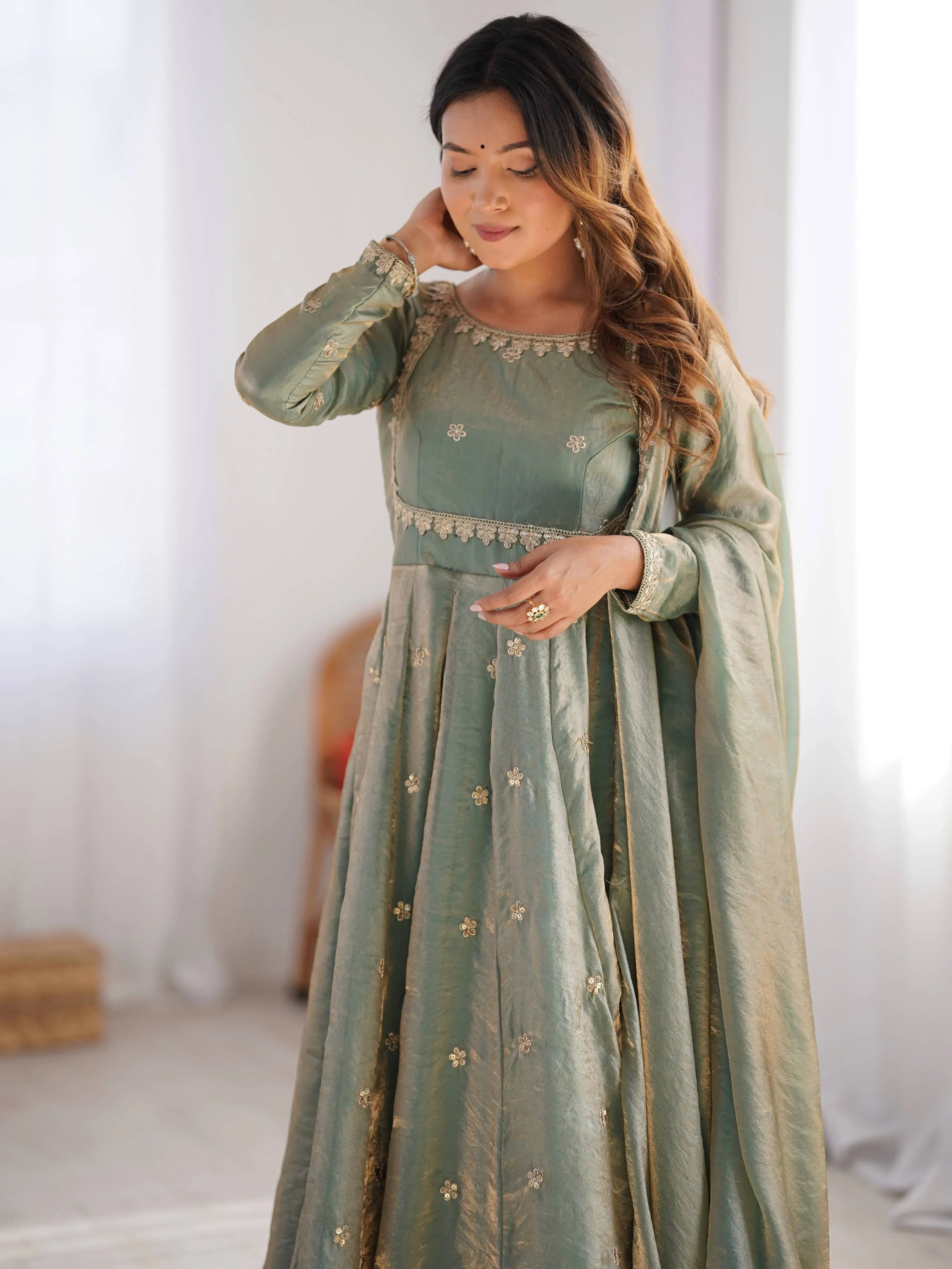 Green Dazzling Coding Work Silk Festive Wear Gown With Dupatta