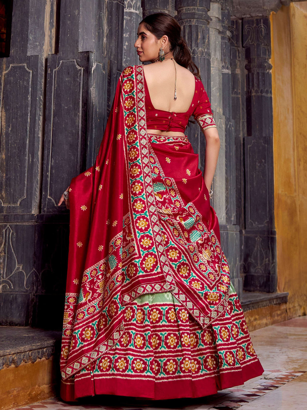 Green Beautiful Light Silk Ikkat Printed Lehenga Choli With Dupatta