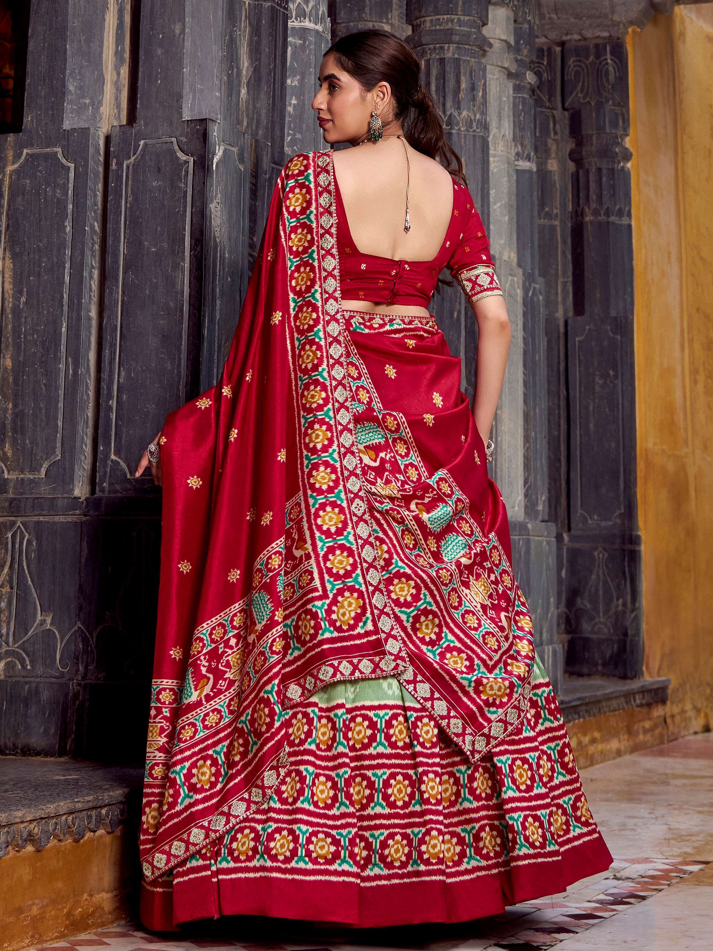 Green Beautiful Light Silk Ikkat Printed Lehenga Choli With Dupatta