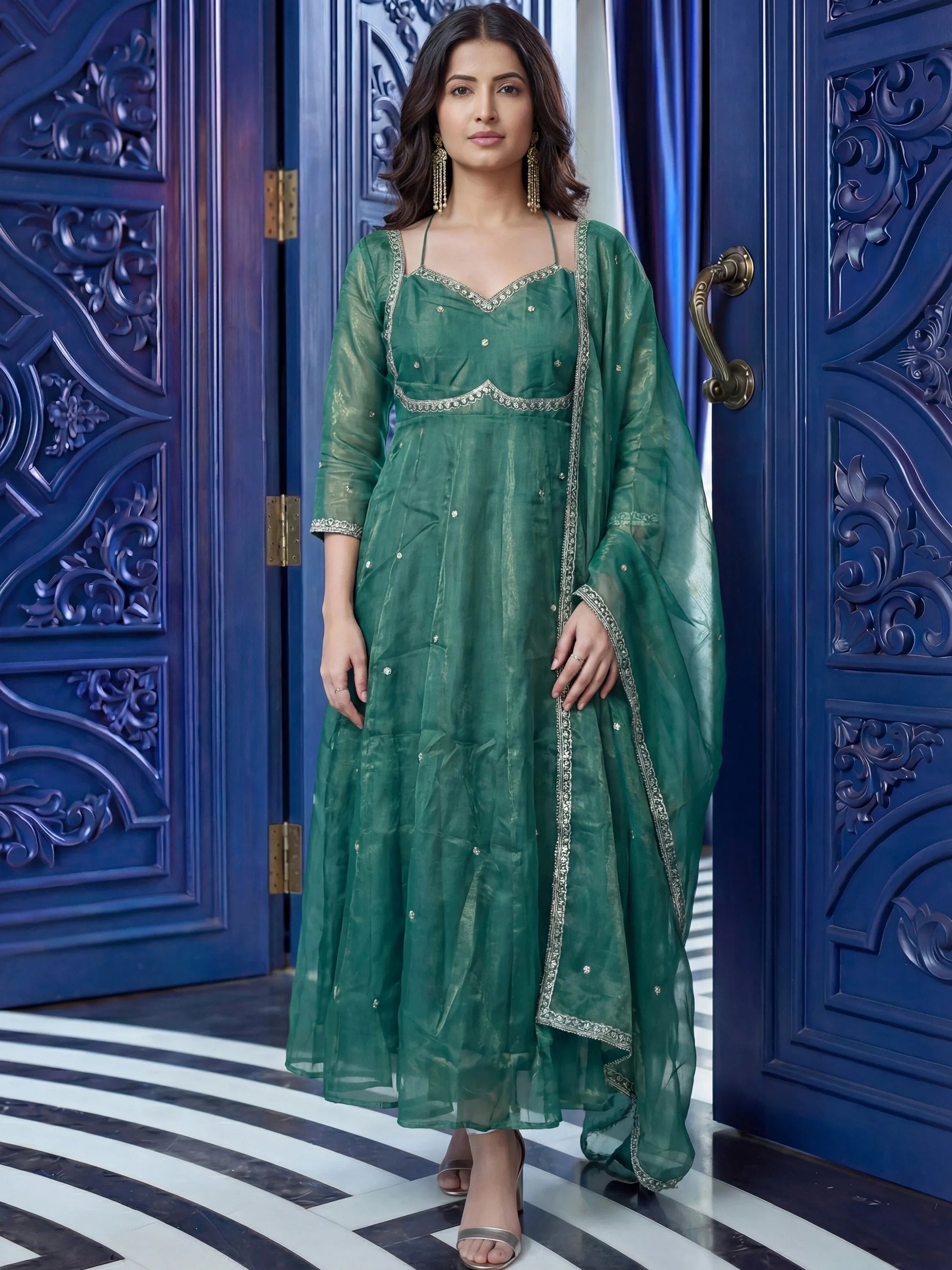 Teal Beautiful Sequins Silk Haldi Wear Anarkali Gown