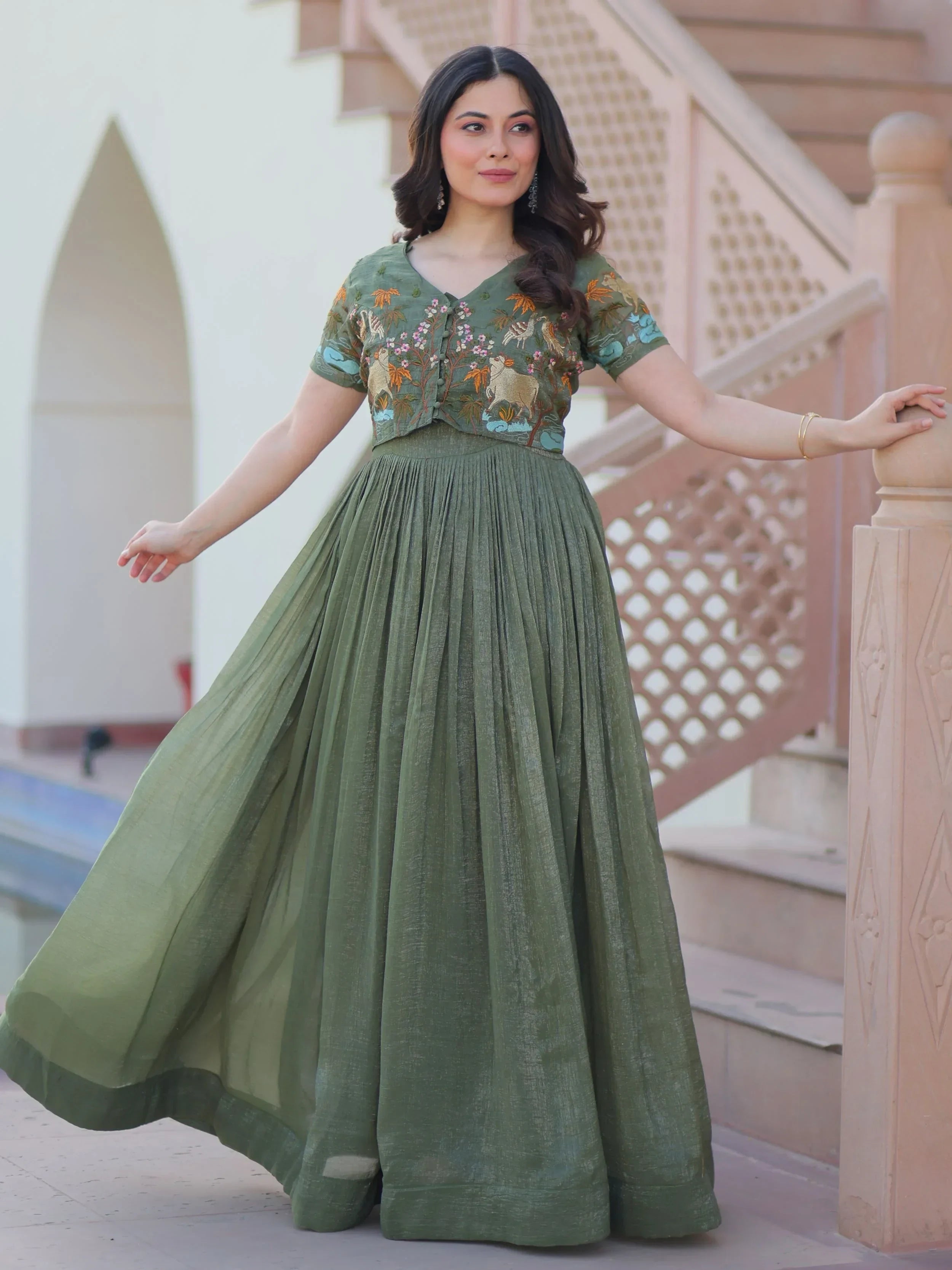 Green Classy Onion Organza Embroidered Festival Wear Gown With Koti