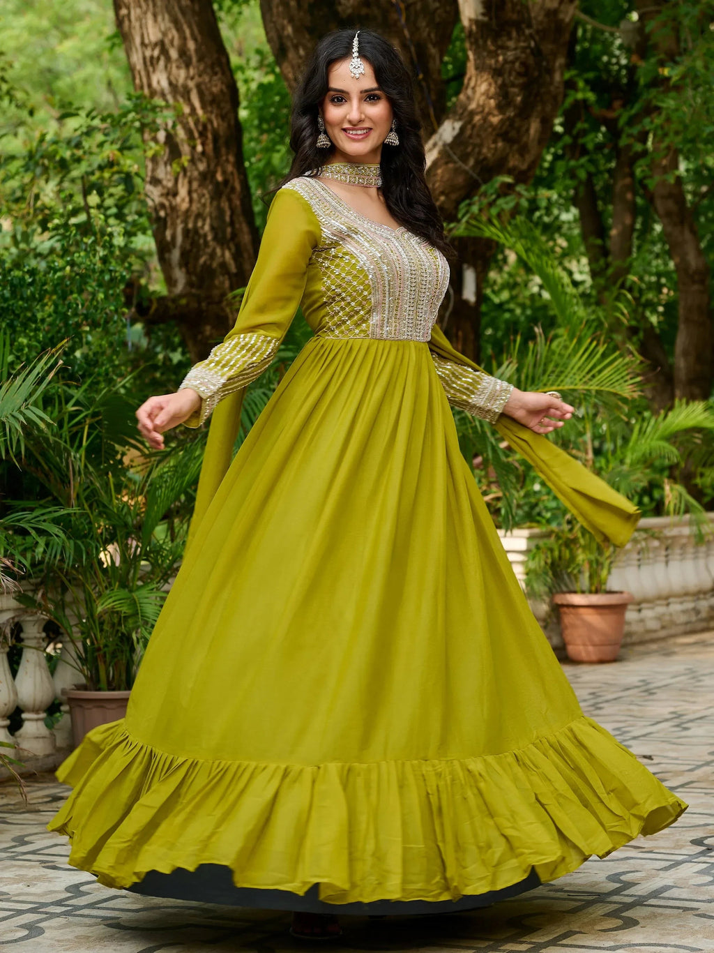 Parrot Amazing Georgette Beads Work Gown With Dupatta