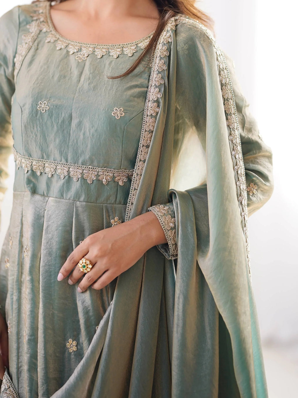 Green Dazzling Coding Work Silk Festive Wear Gown With Dupatta