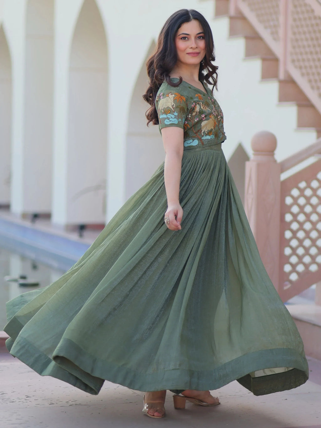 Green Classy Onion Organza Embroidered Festival Wear Gown With Koti