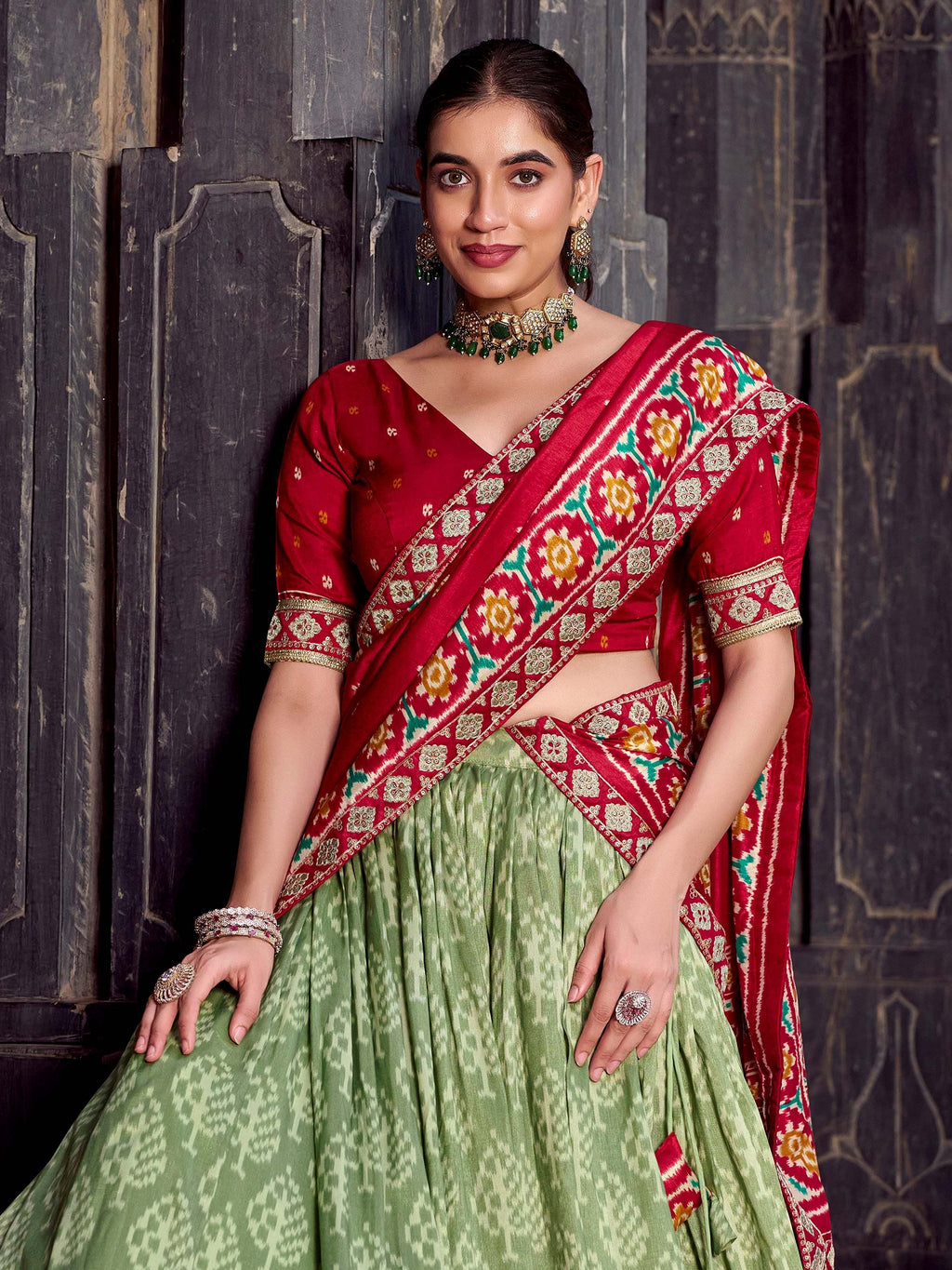 Green Beautiful Light Silk Ikkat Printed Lehenga Choli With Dupatta