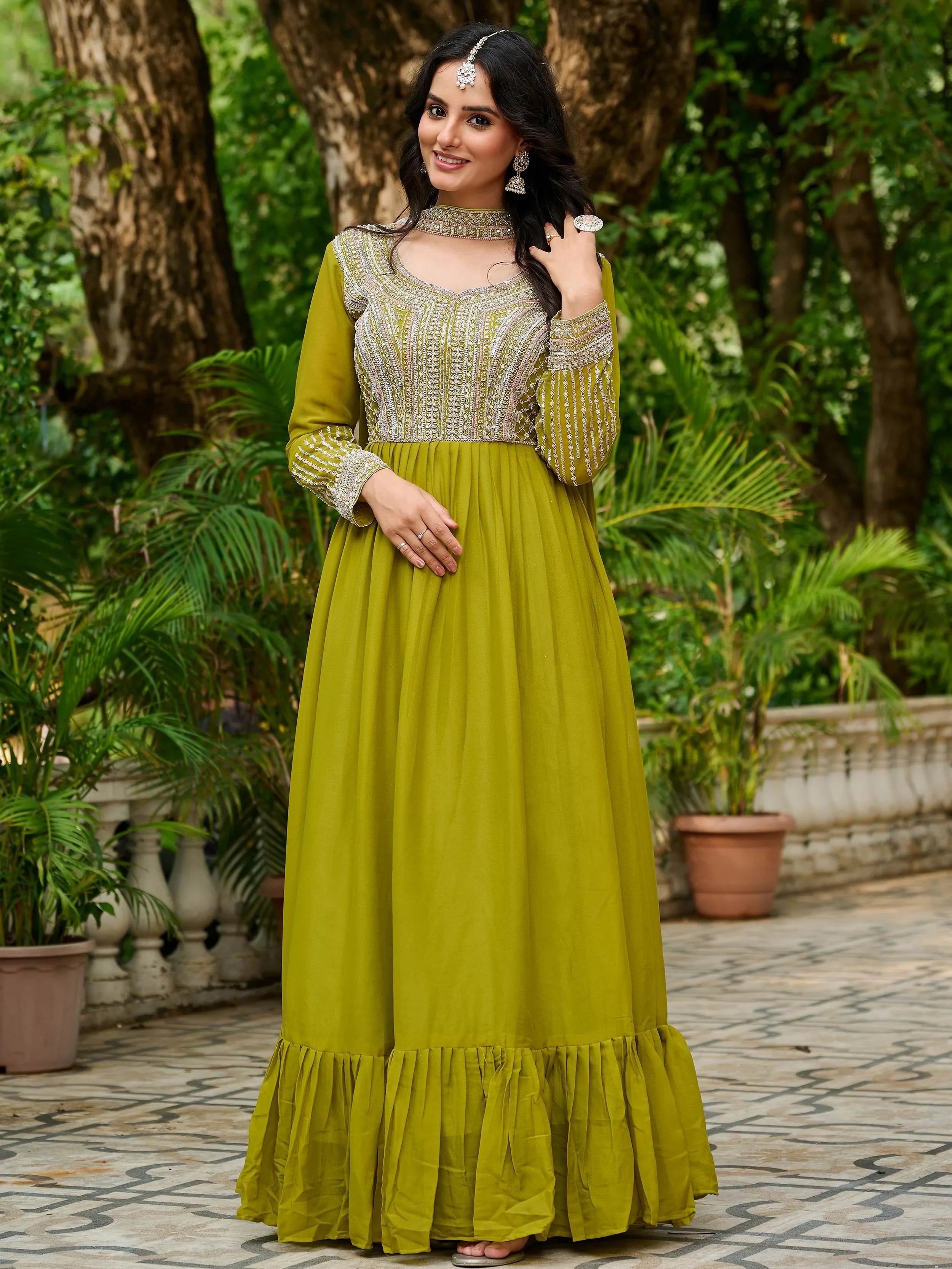 Parrot Amazing Georgette Beads Work Gown With Dupatta