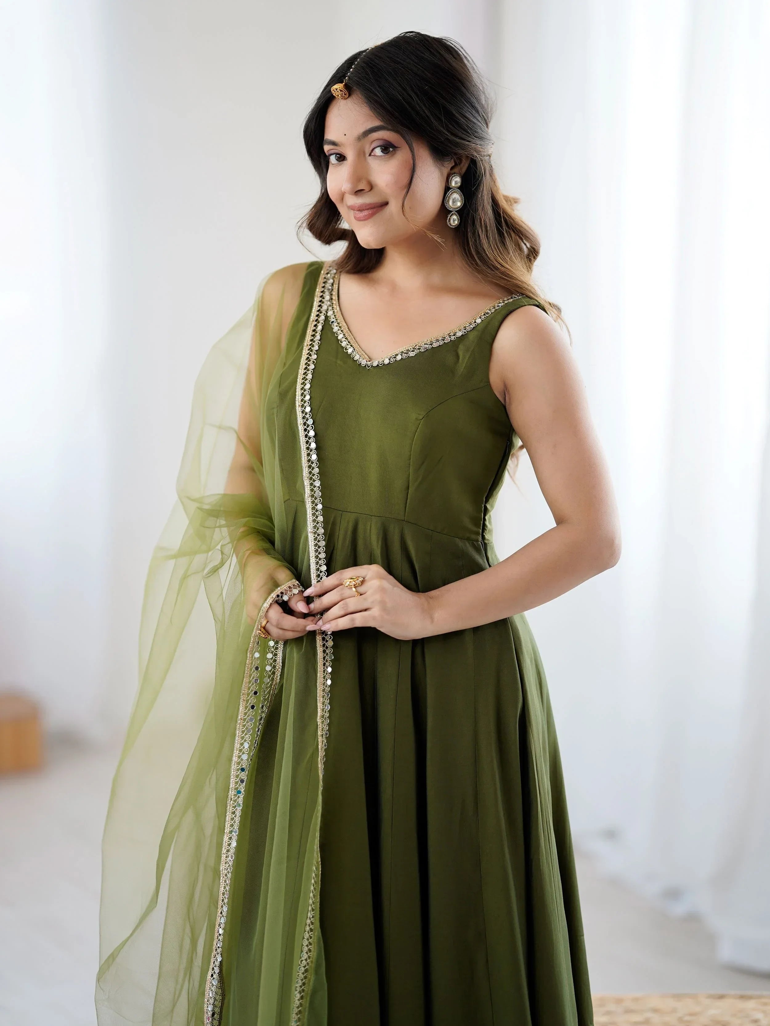 Green Mesmerizing Chanderi Silk Lace Work Anarkali Suit