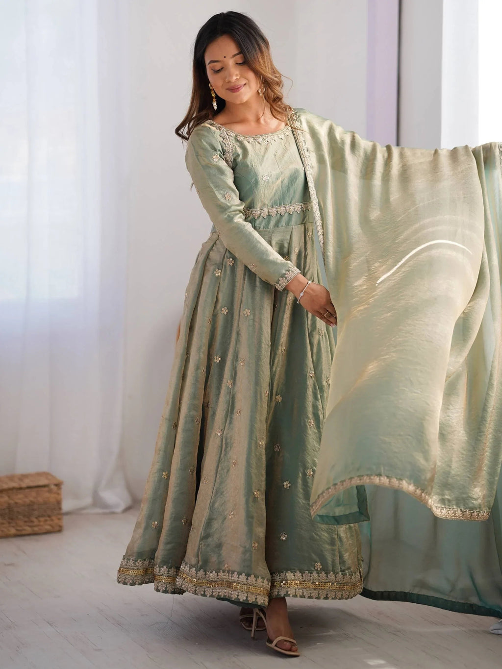 Green Dazzling Coding Work Silk Festive Wear Gown With Dupatta