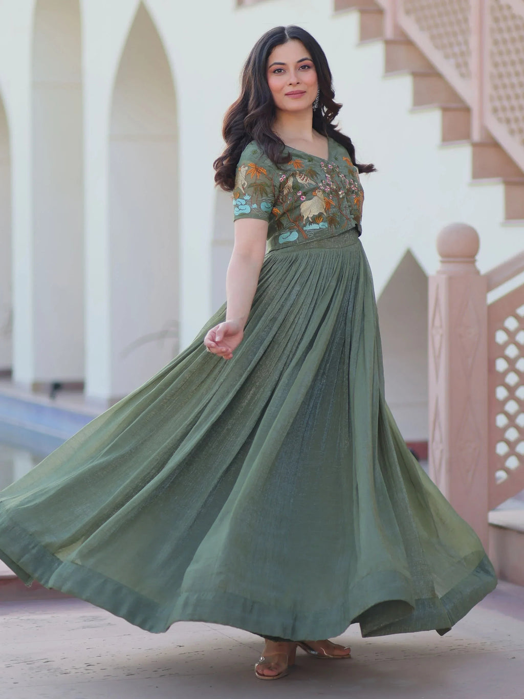 Green Classy Onion Organza Embroidered Festival Wear Gown With Koti