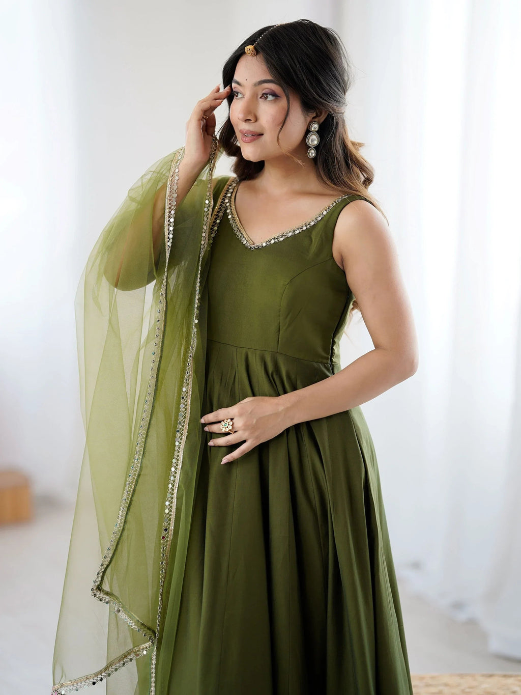 Green Mesmerizing Chanderi Silk Lace Work Anarkali Suit