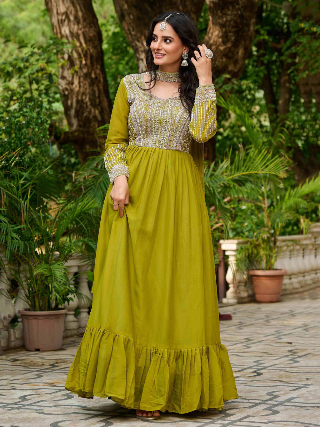 Parrot Amazing Georgette Beads Work Gown With Dupatta