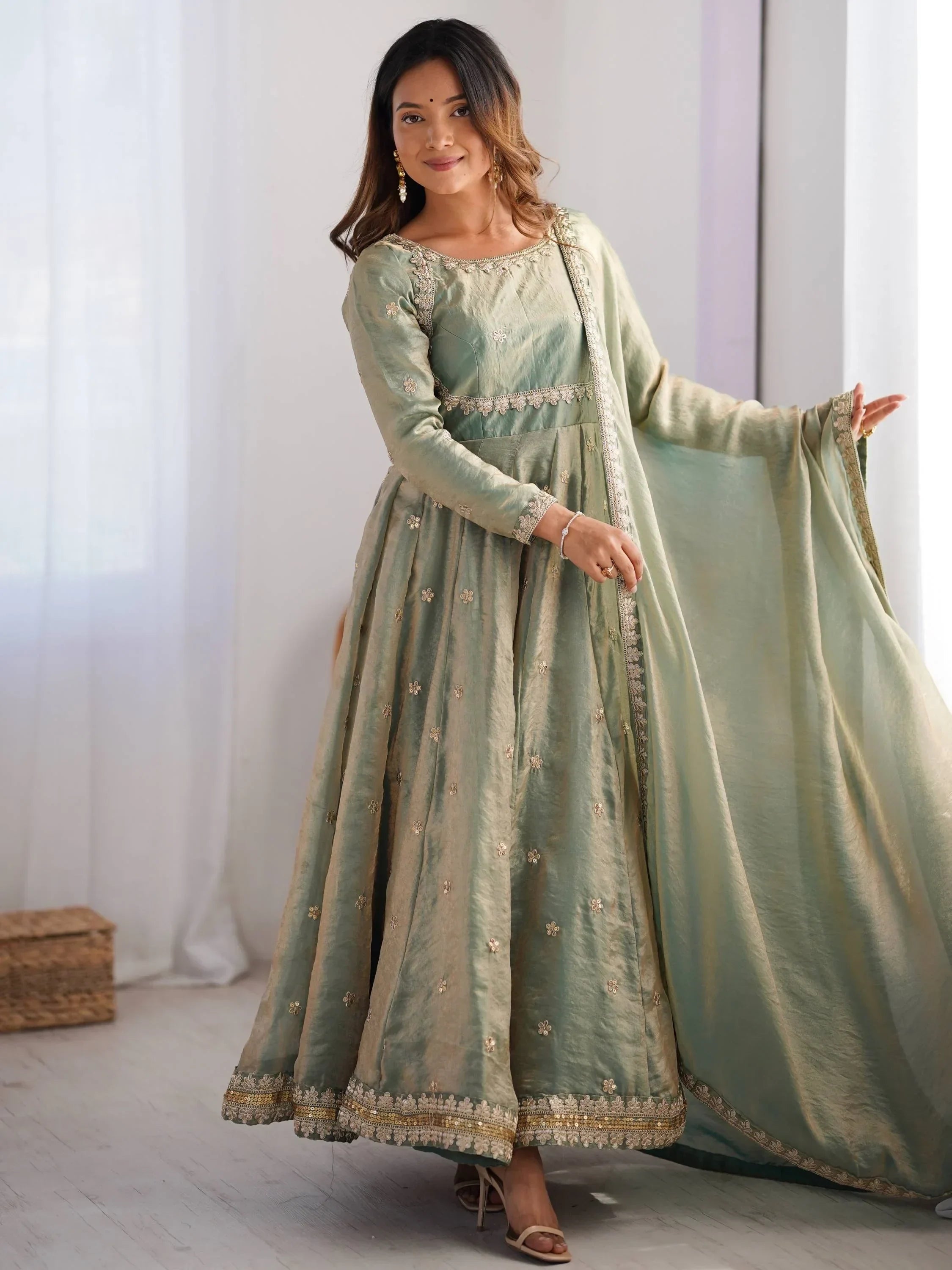 Green Dazzling Coding Work Silk Festive Wear Gown With Dupatta