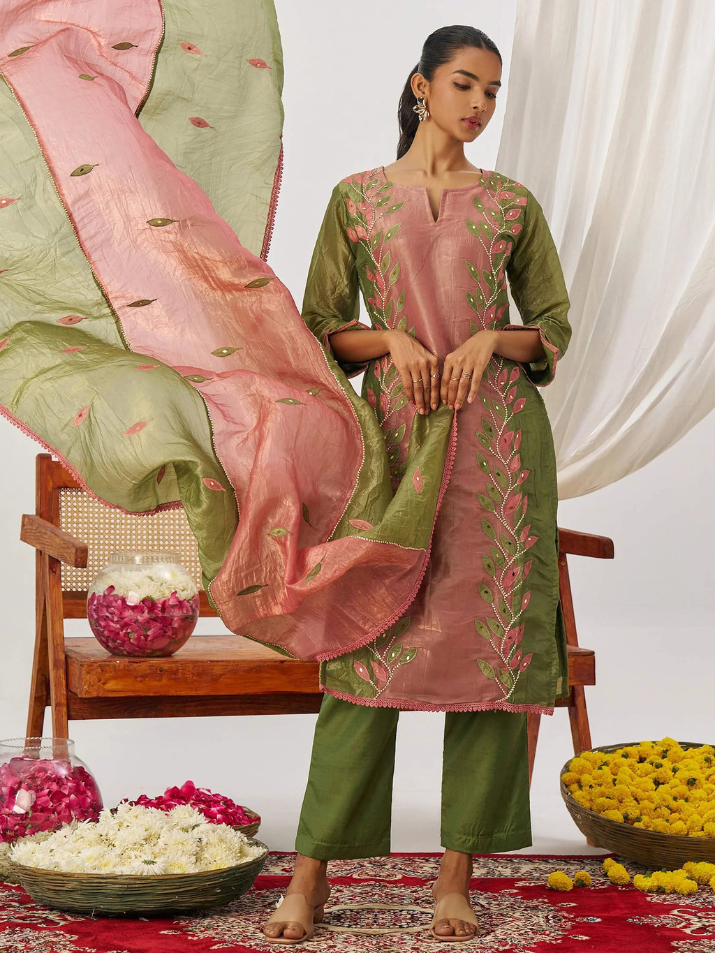 Glamorous Green Organza Mirror Work Festive Wear Pant Suit