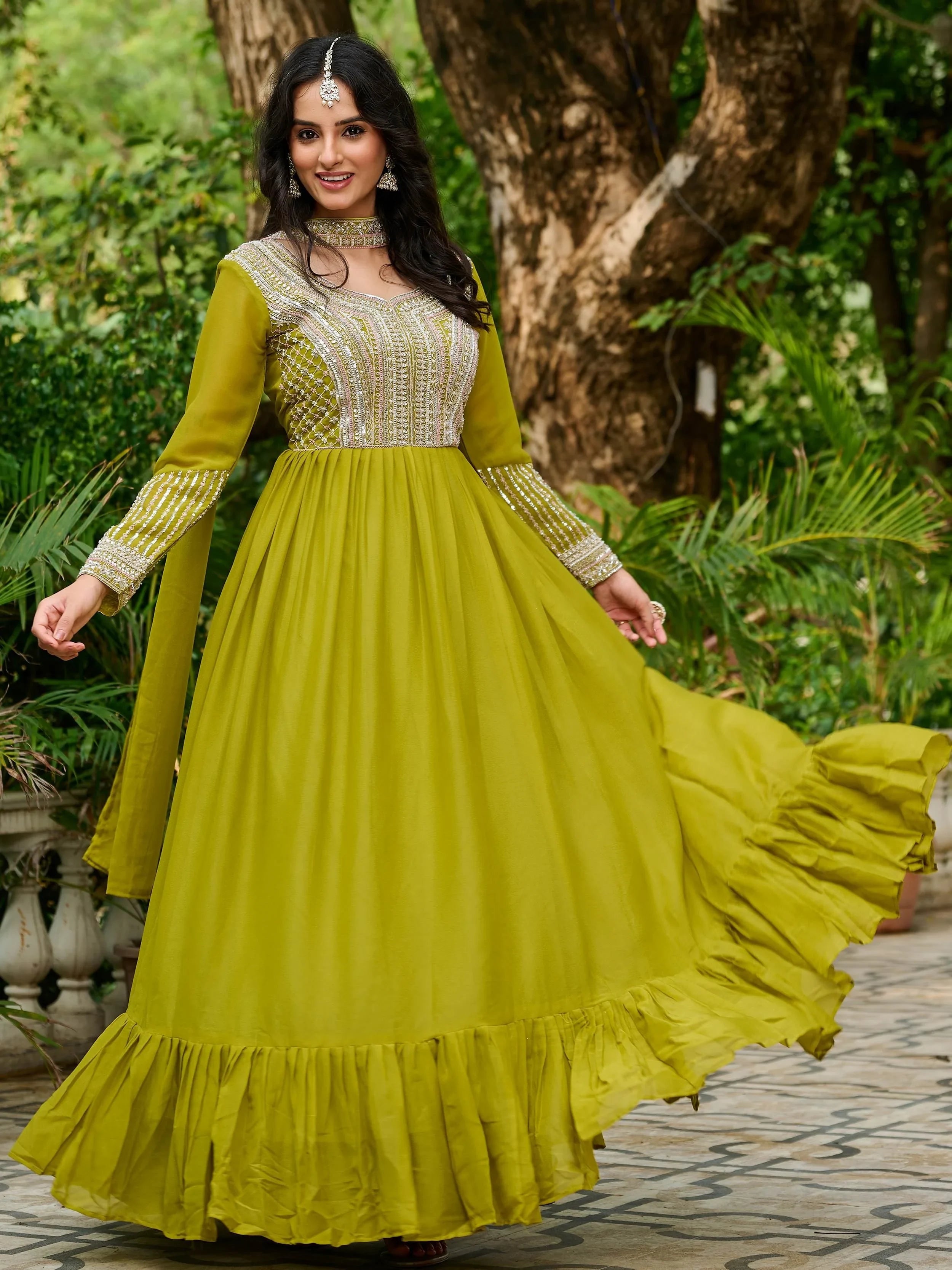 Parrot Amazing Georgette Beads Work Gown With Dupatta