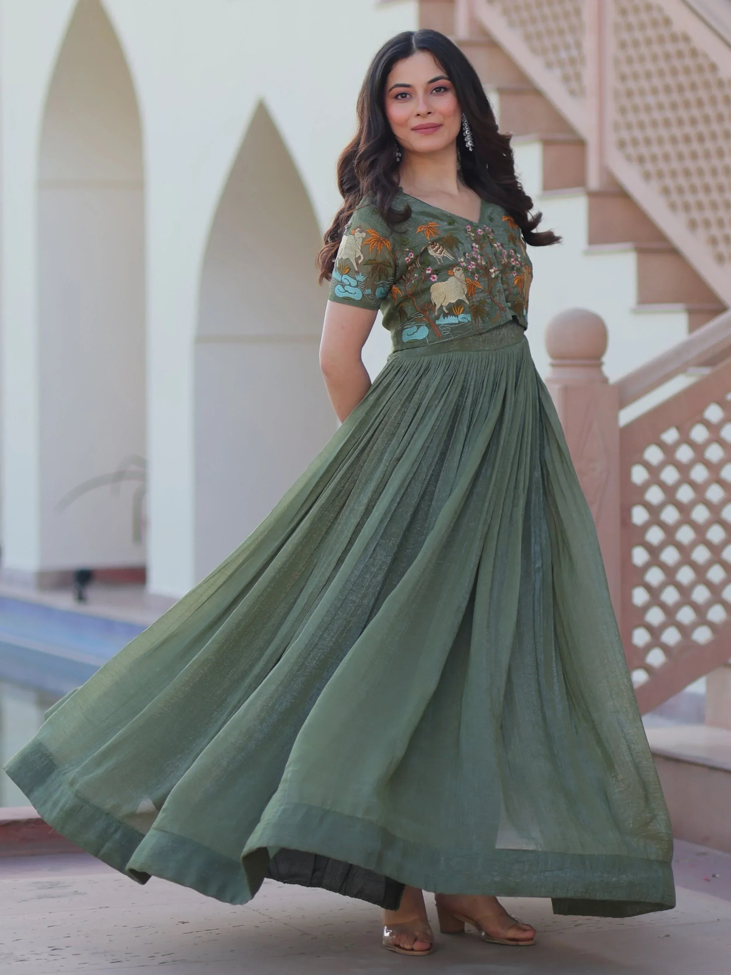 Green Classy Onion Organza Embroidered Festival Wear Gown With Koti