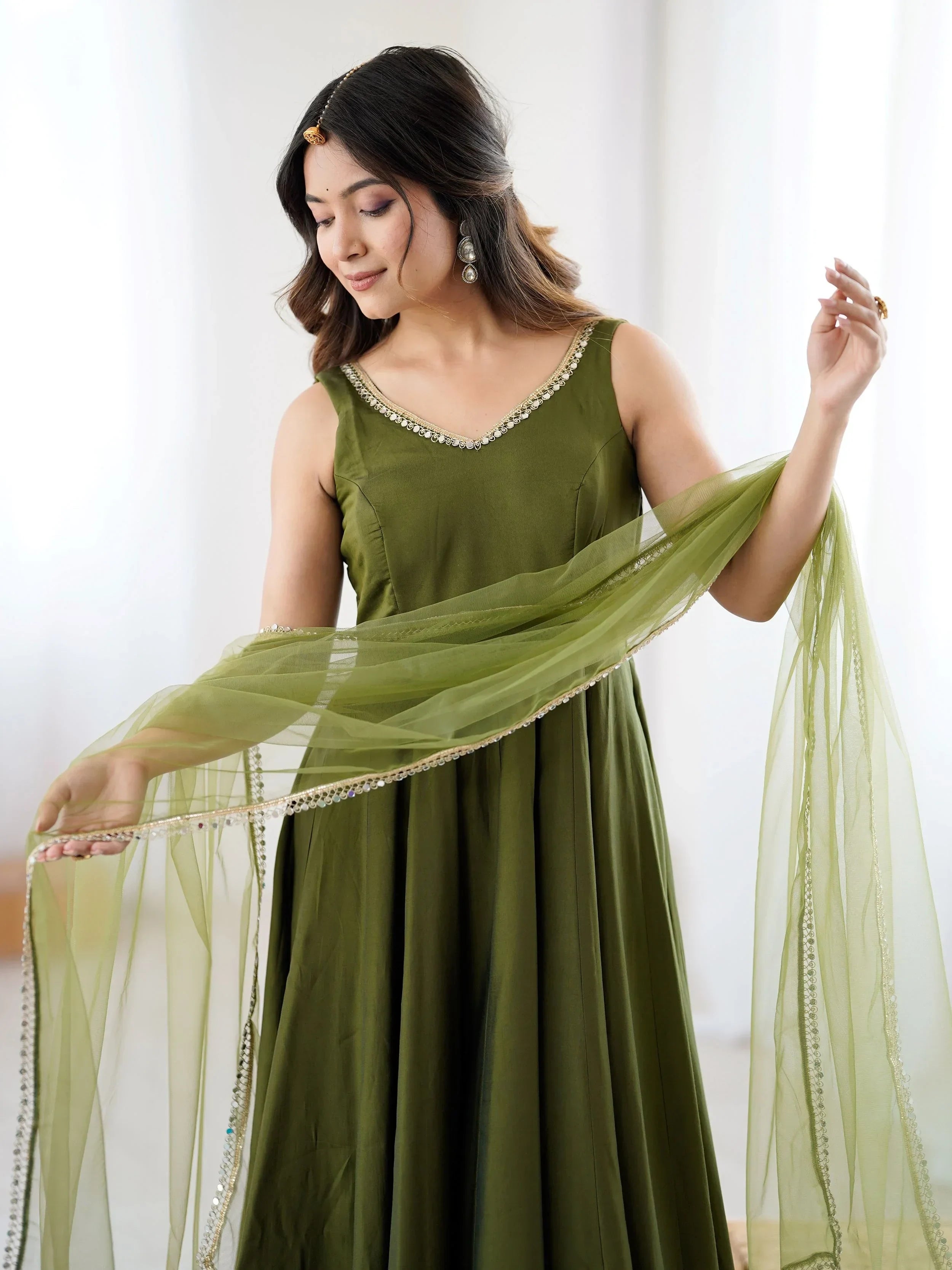 Green Mesmerizing Chanderi Silk Lace Work Anarkali Suit