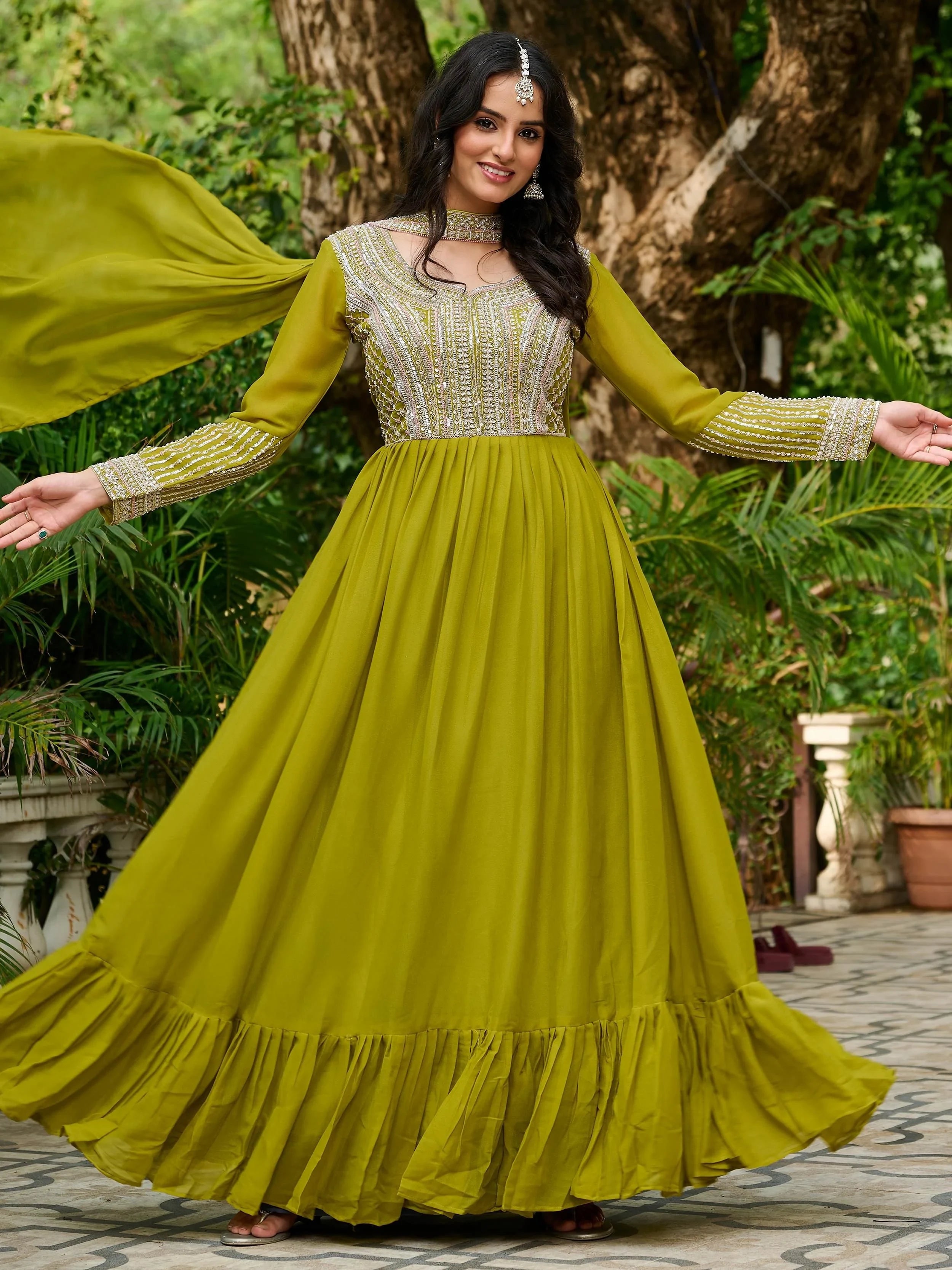 Parrot Amazing Georgette Beads Work Gown With Dupatta