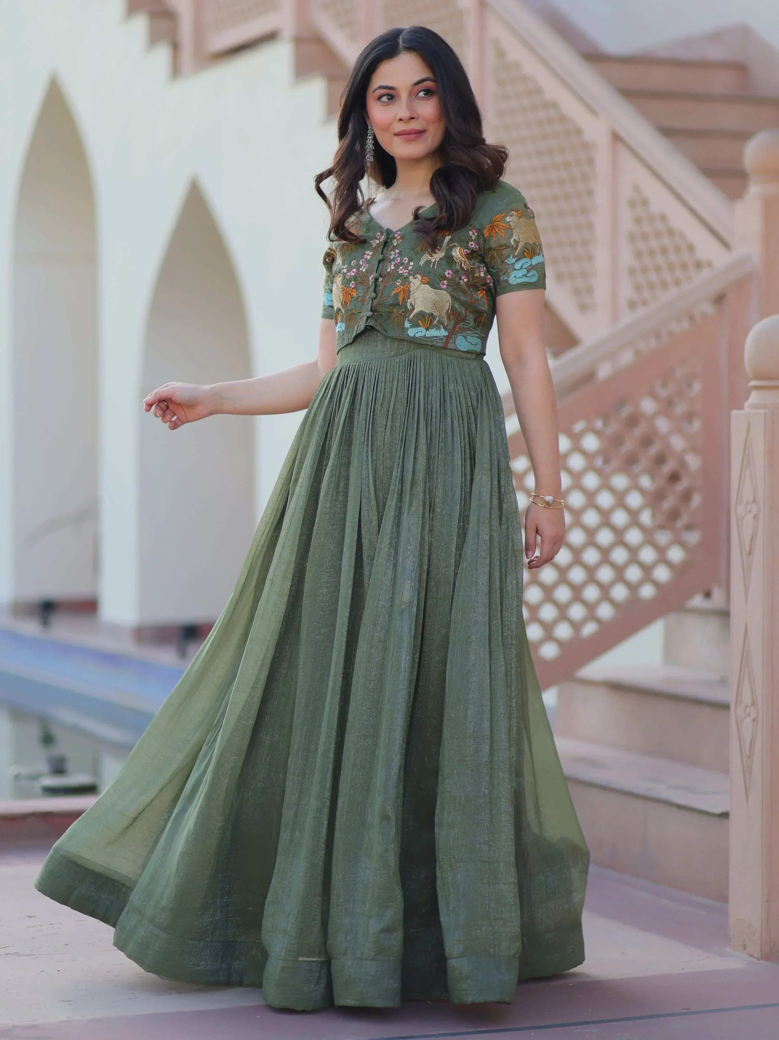 Green Classy Onion Organza Embroidered Festival Wear Gown With Koti