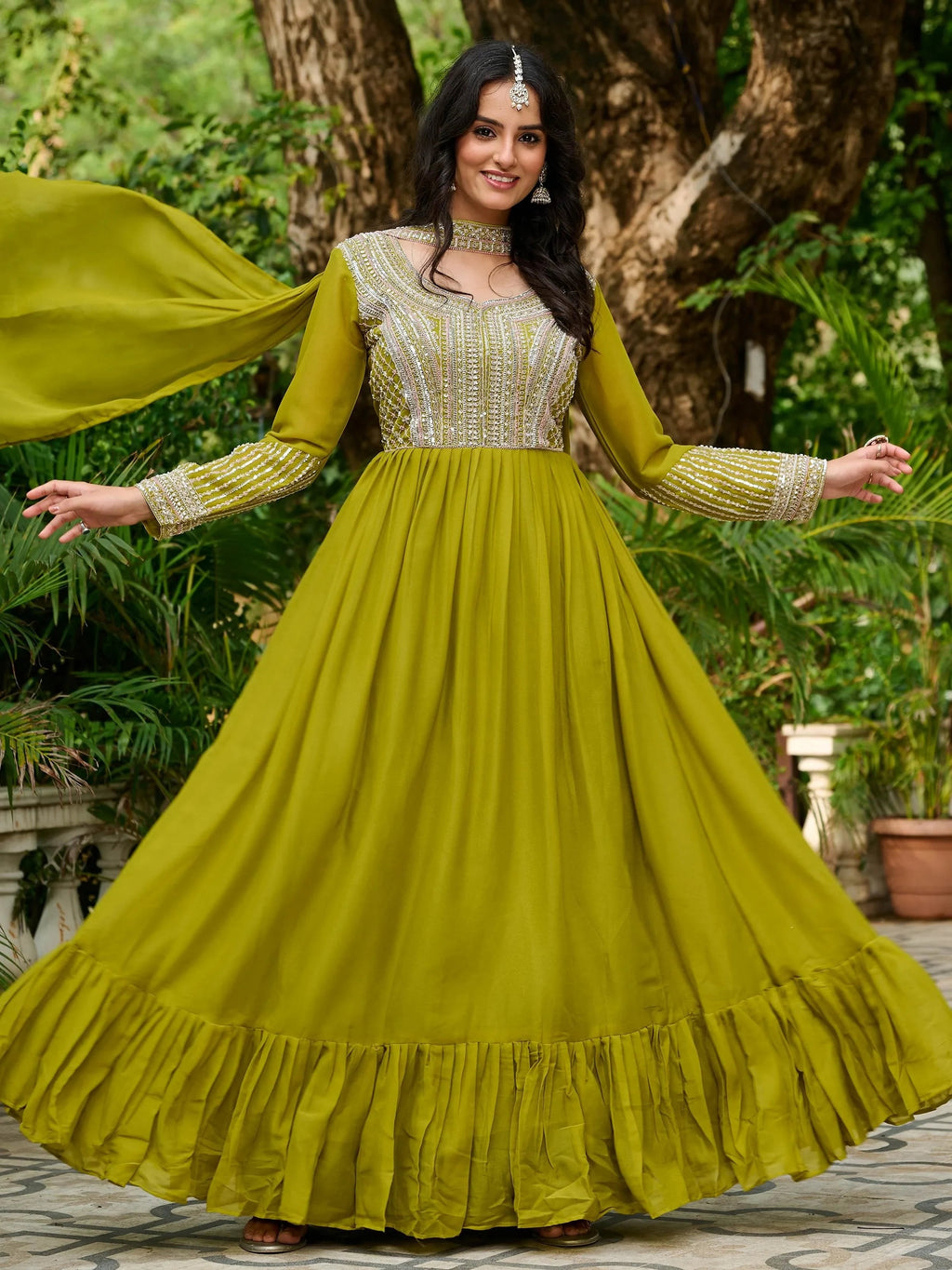 Parrot Amazing Georgette Beads Work Gown With Dupatta