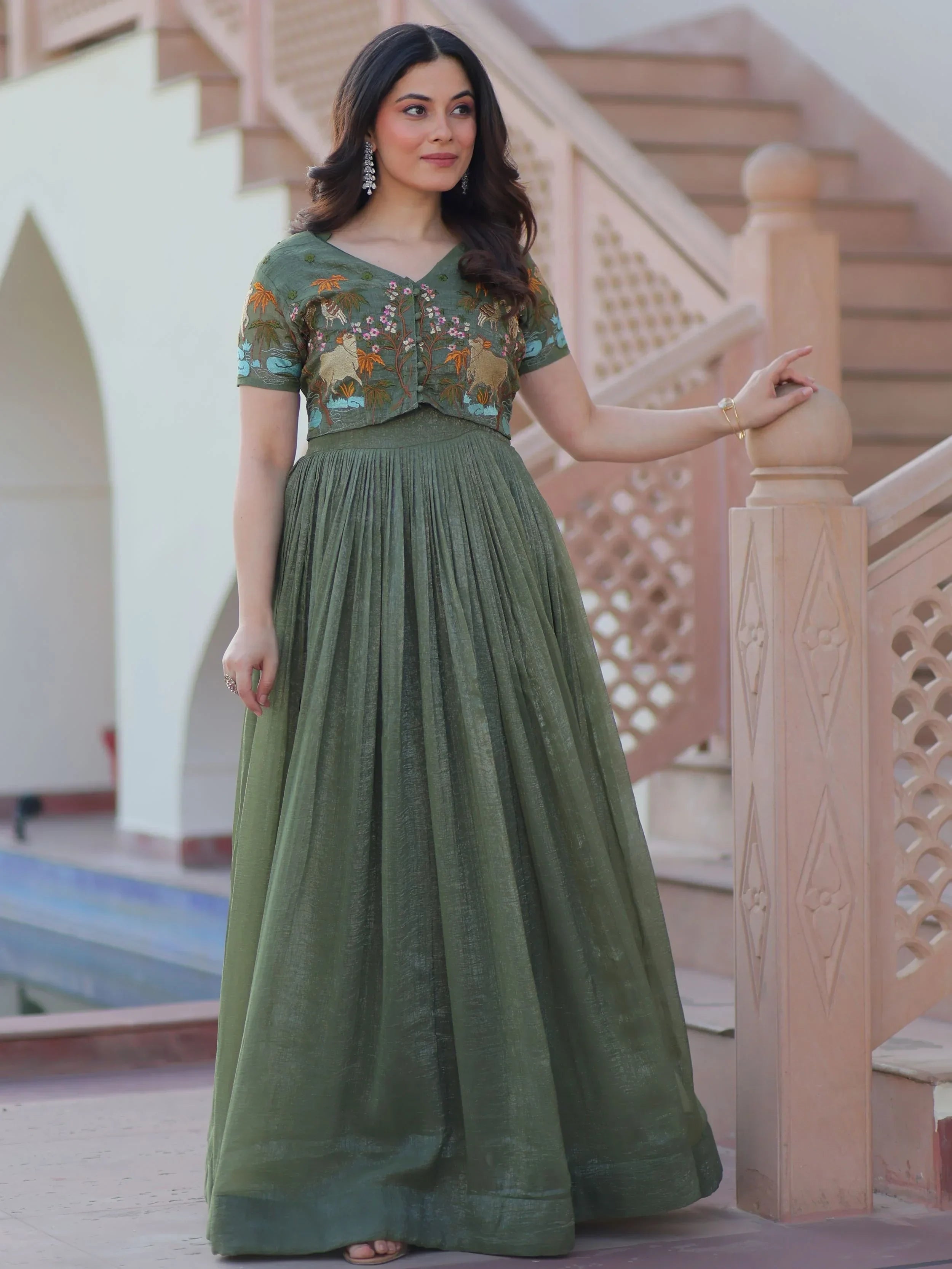 Green Classy Onion Organza Embroidered Festival Wear Gown With Koti