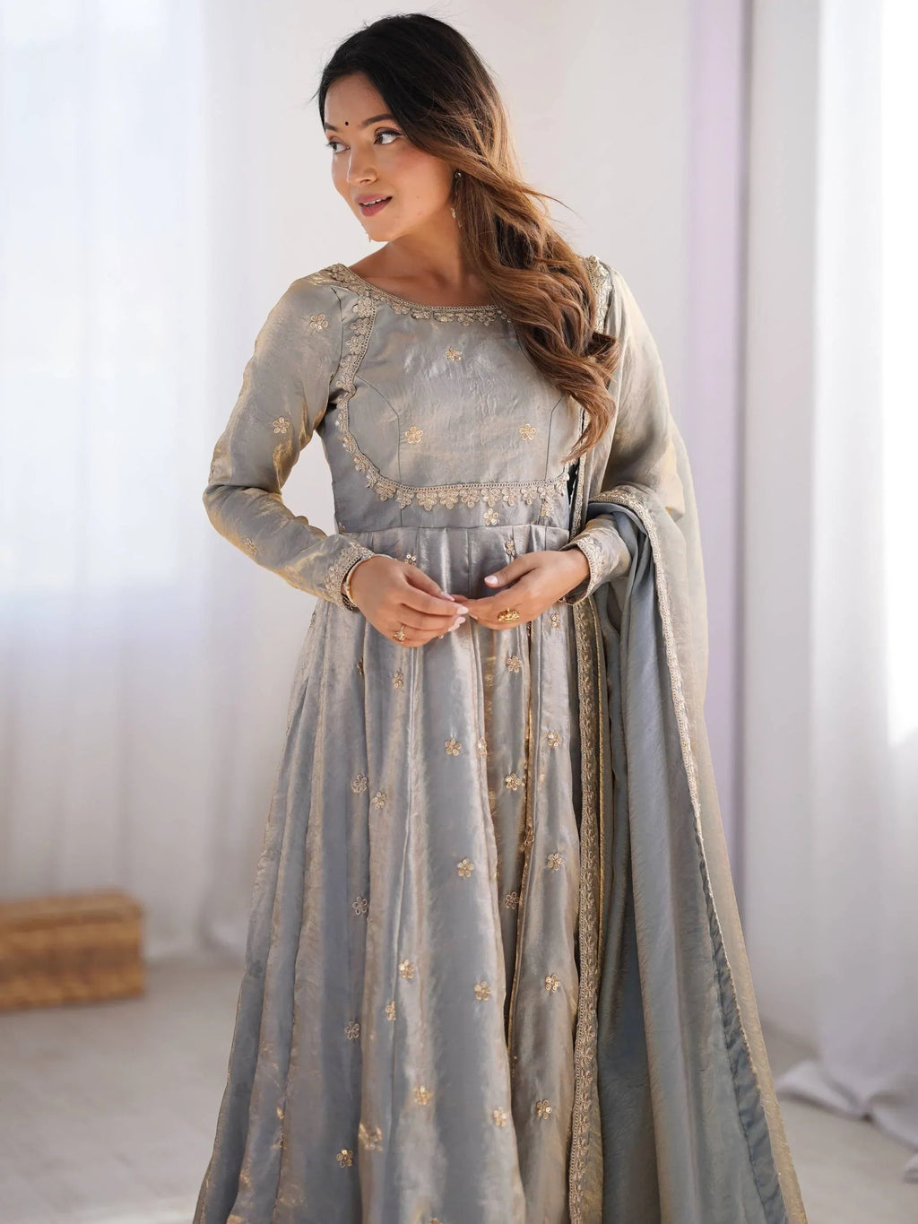 Grey Dazzling Coding Work Silk Festive Wear Gown With Dupatta