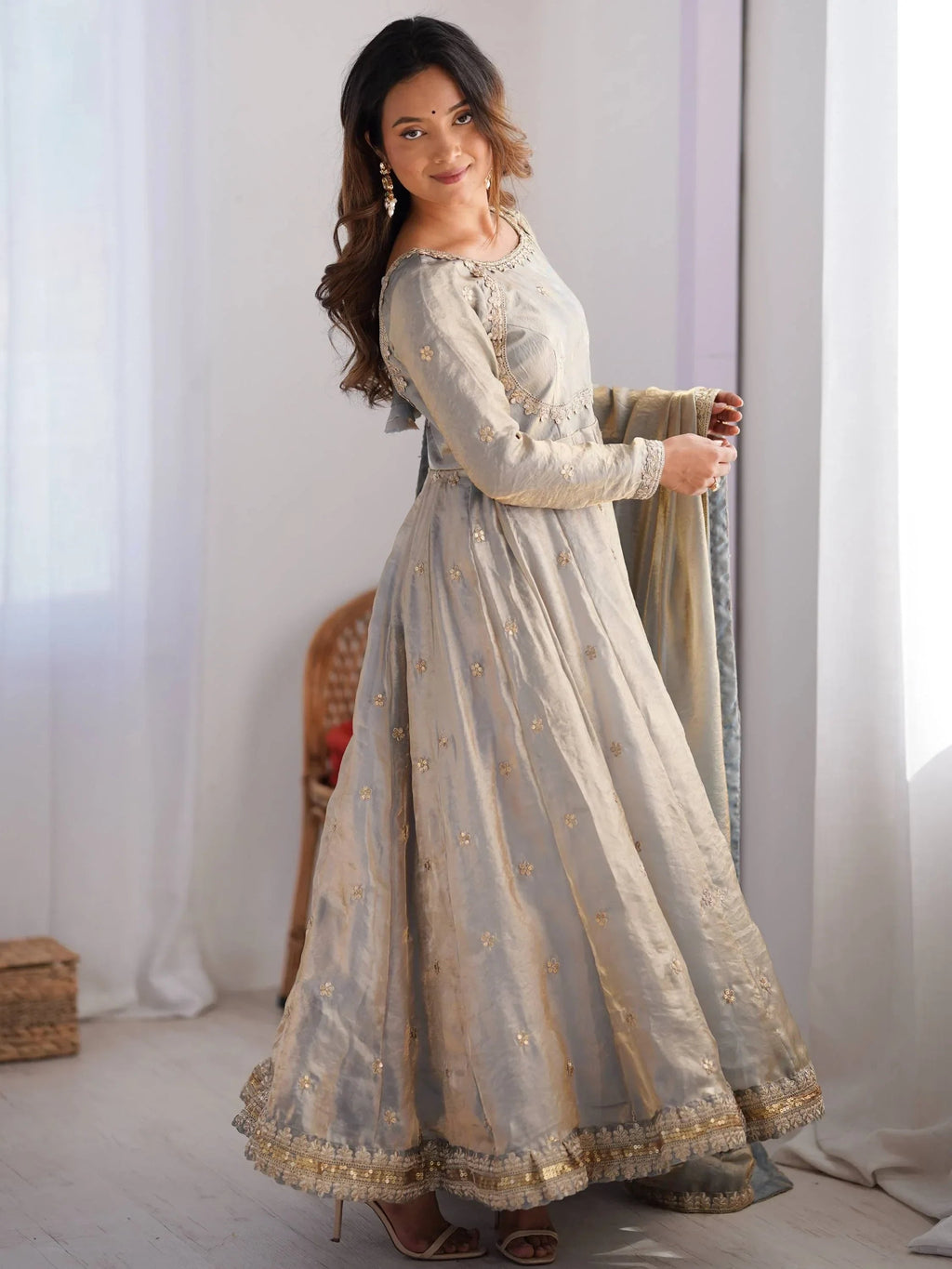 Grey Dazzling Coding Work Silk Festive Wear Gown With Dupatta