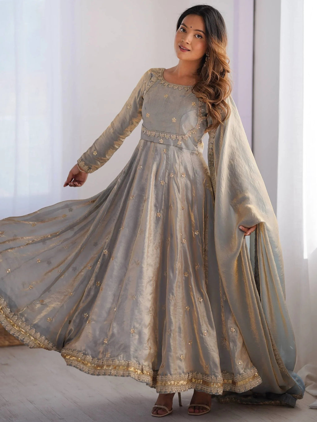 Grey Dazzling Coding Work Silk Festive Wear Gown With Dupatta