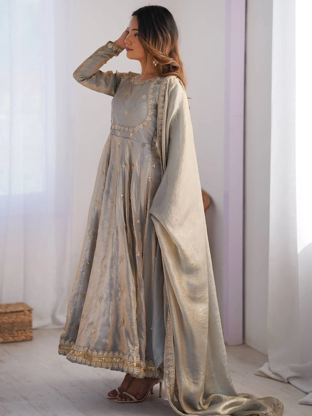 Grey Dazzling Coding Work Silk Festive Wear Gown With Dupatta
