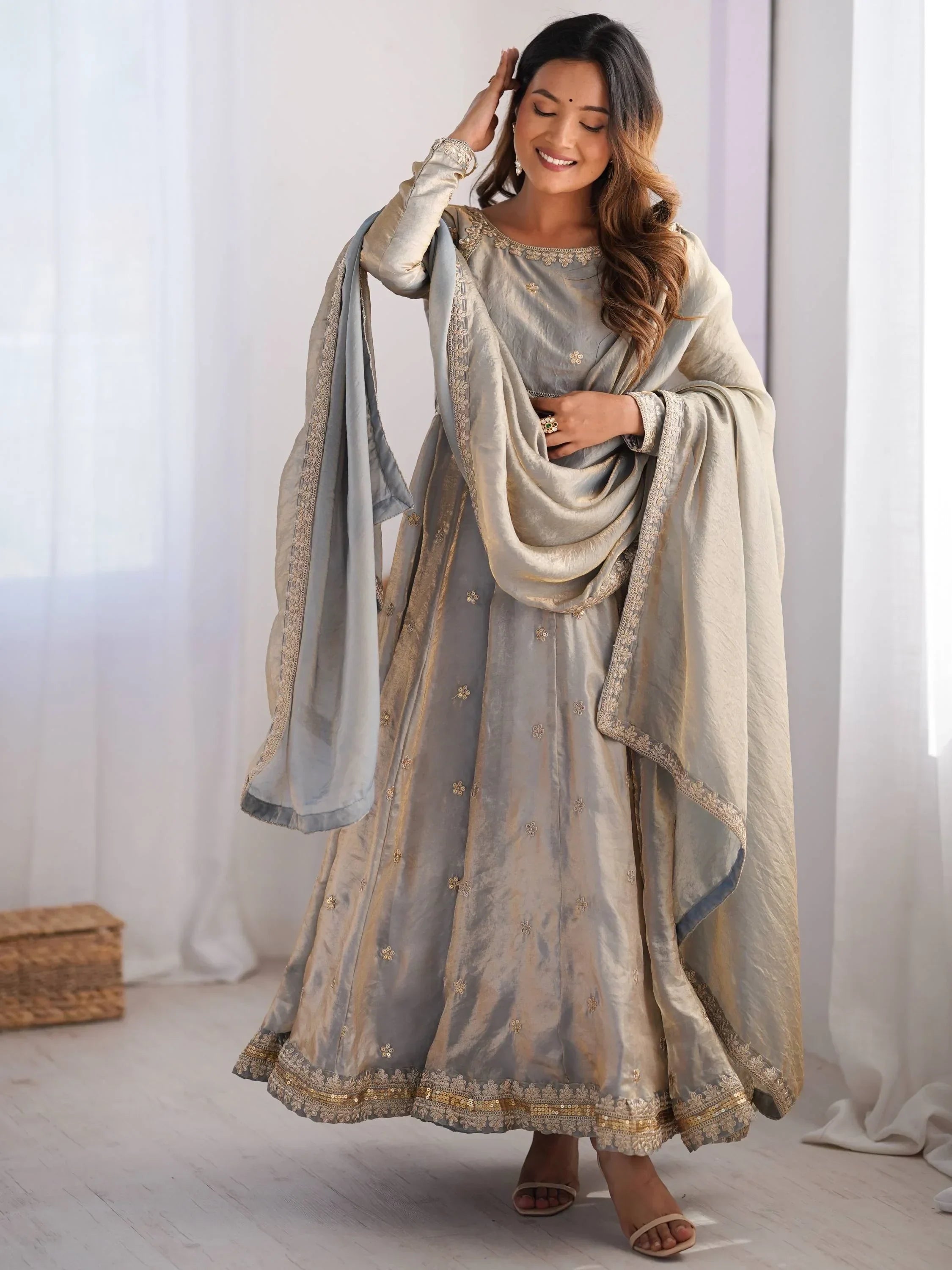Grey Dazzling Coding Work Silk Festive Wear Gown With Dupatta