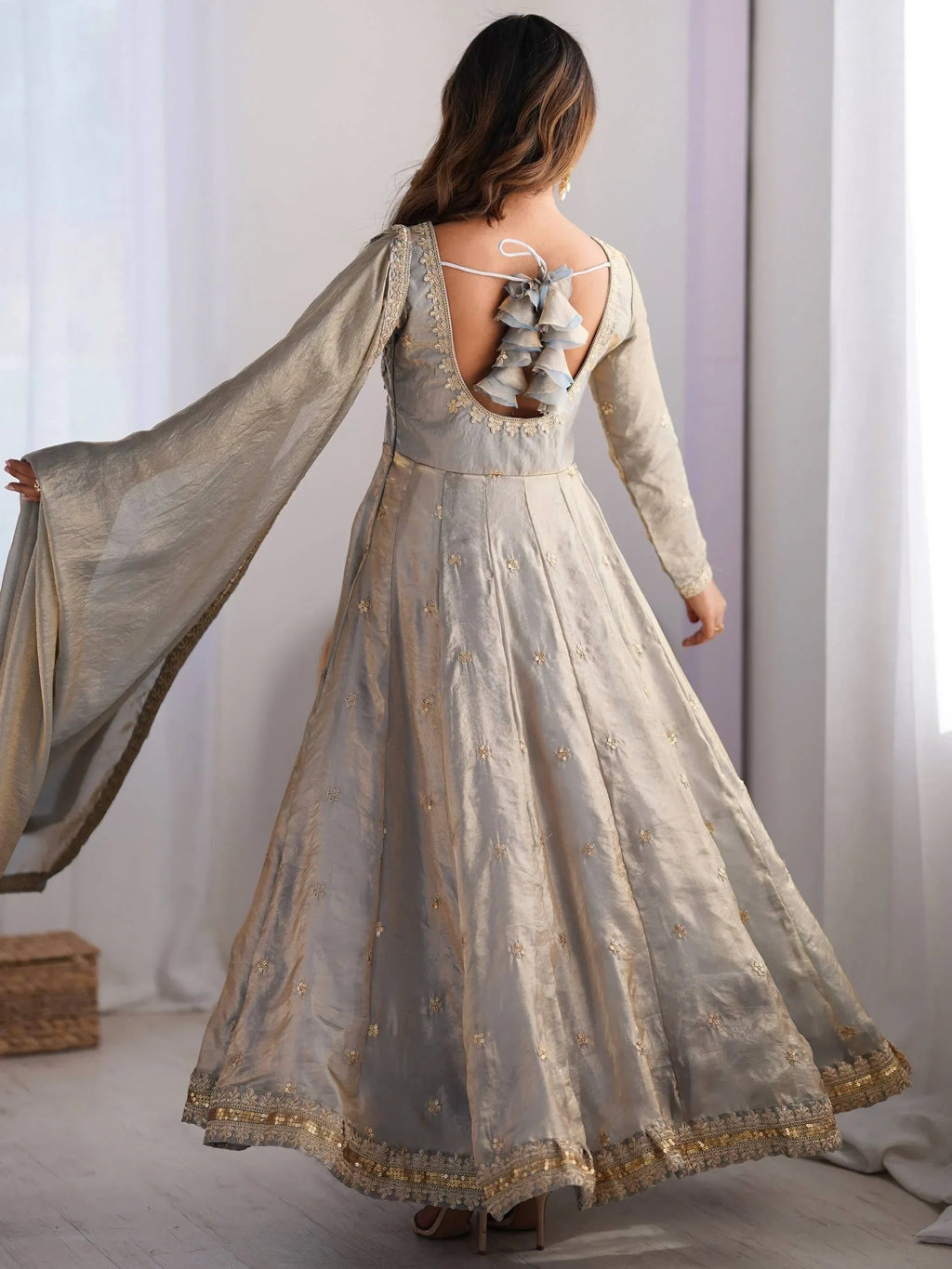 Grey Dazzling Coding Work Silk Festive Wear Gown With Dupatta