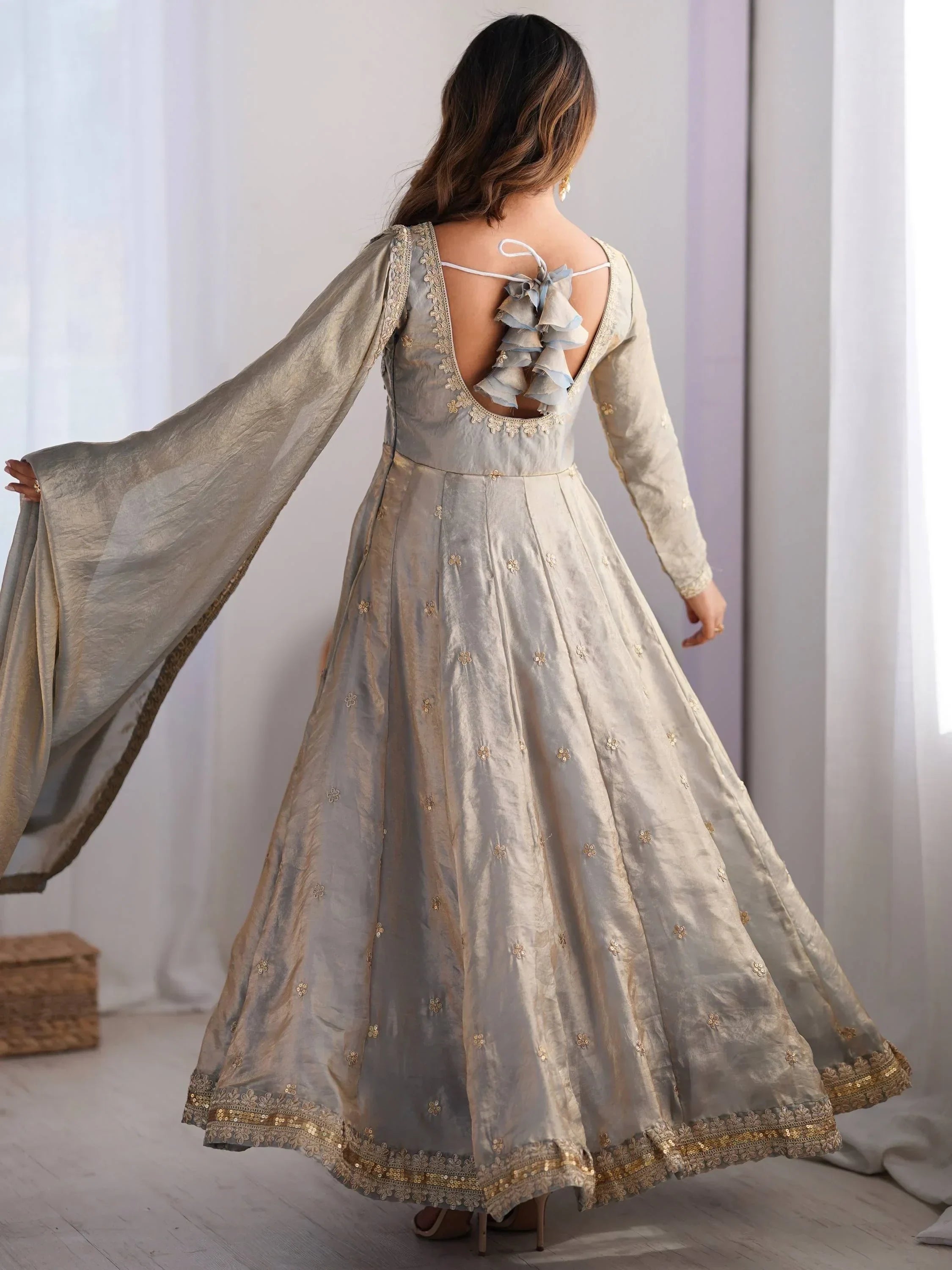 Grey Dazzling Coding Work Silk Festive Wear Gown With Dupatta