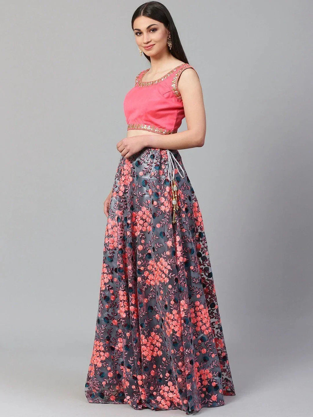 Grey Semi-Stitched Myntra Lehenga & Unstitched Blouse with Dupatta