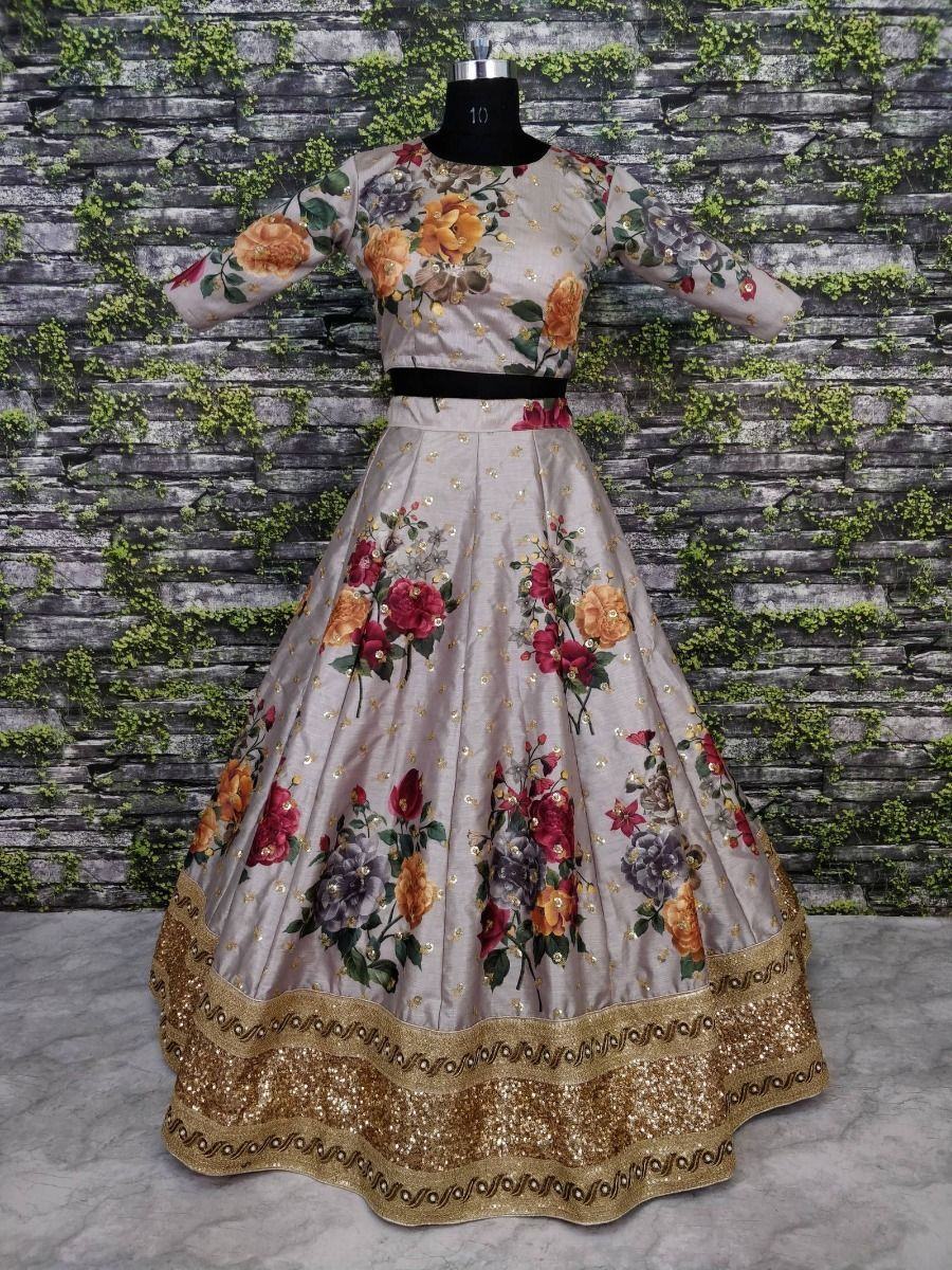 Gray & Printed Semi-Stitched Myntra Lehenga & Unstitched Blouse with Dupatta