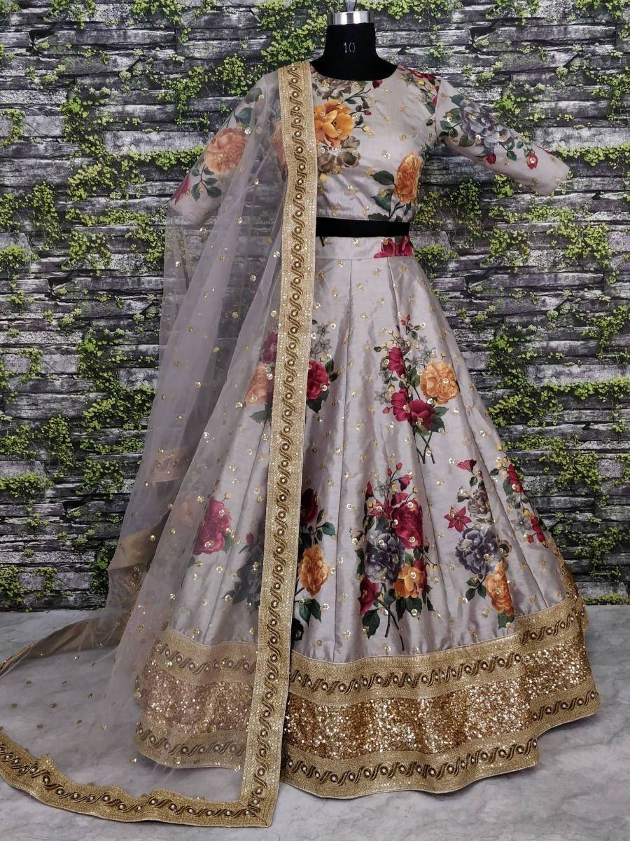 Gray & Printed Semi-Stitched Myntra Lehenga & Unstitched Blouse with Dupatta