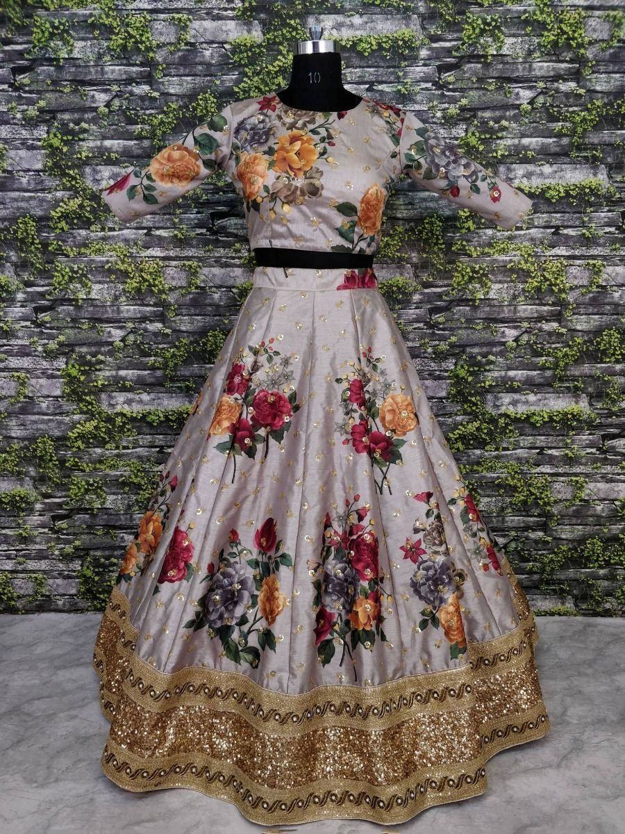 Gray & Printed Semi-Stitched Myntra Lehenga & Unstitched Blouse with Dupatta