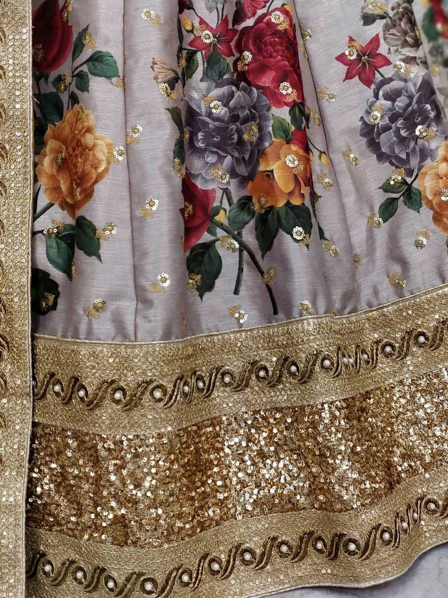 Gray & Printed Semi-Stitched Myntra Lehenga & Unstitched Blouse with Dupatta