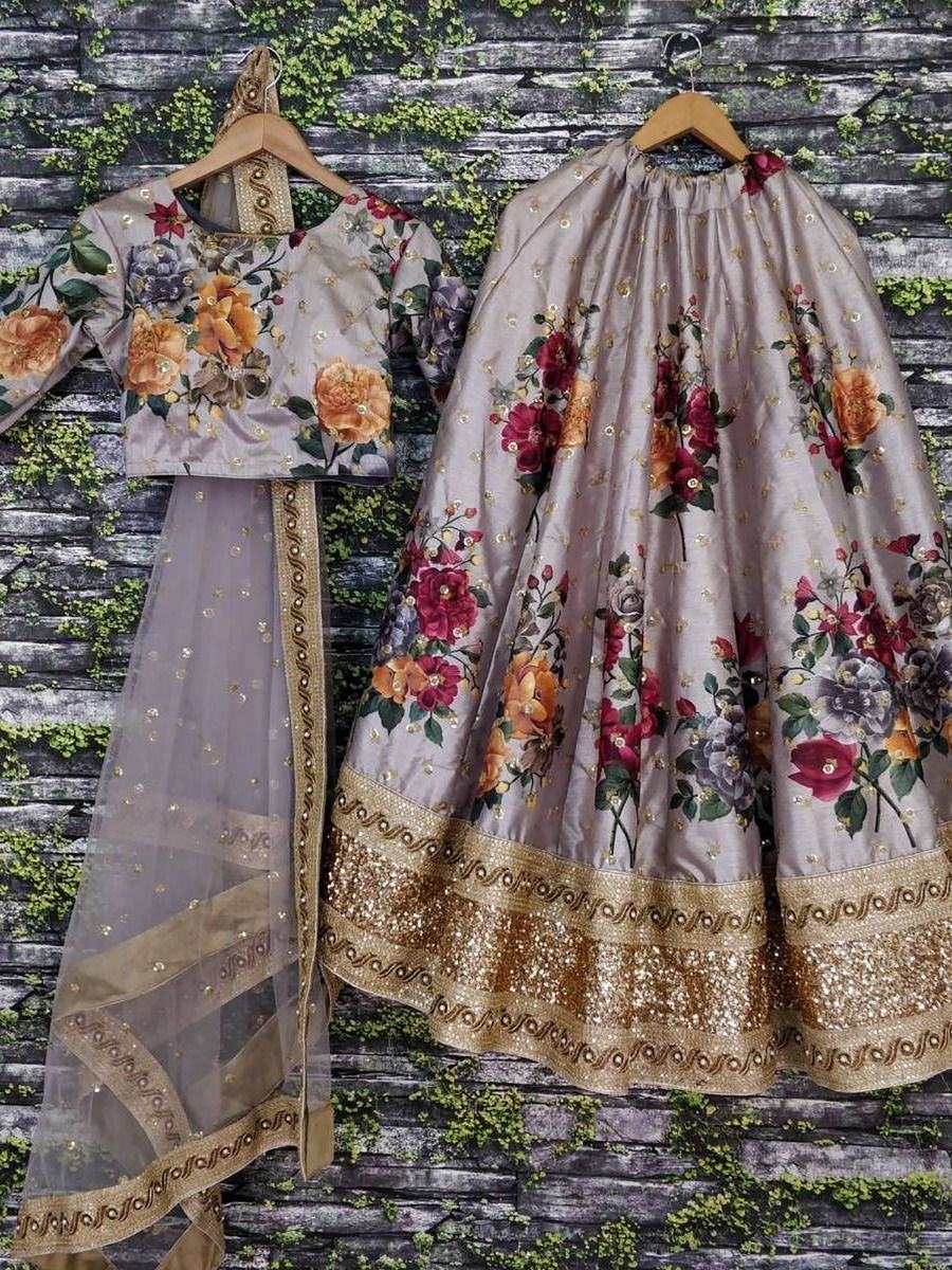Gray & Printed Semi-Stitched Myntra Lehenga & Unstitched Blouse with Dupatta