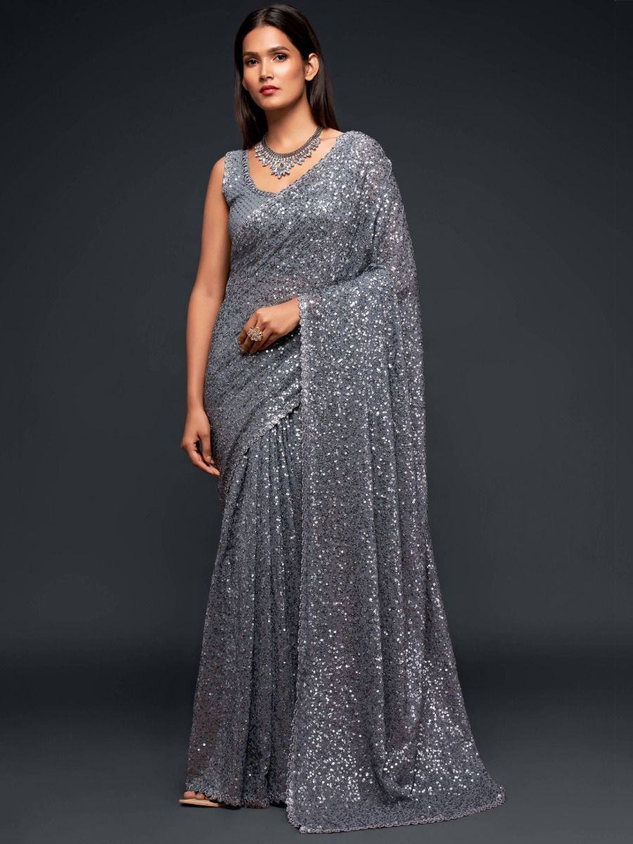 Gray Mehendi Sequins Party Wear Saree With Blouse
