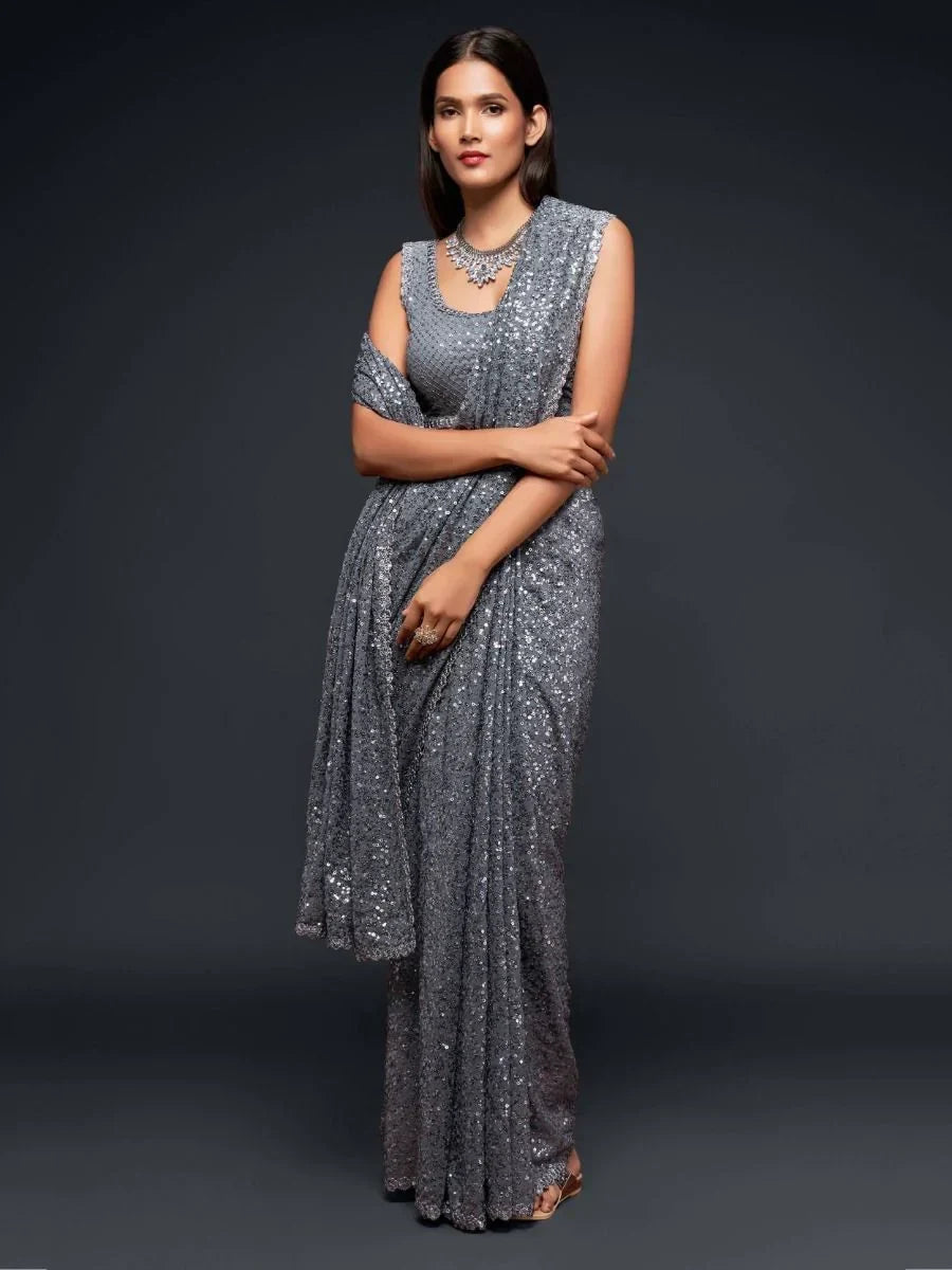 Gray Mehendi Sequins Party Wear Saree With Blouse