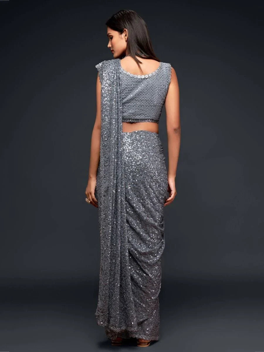 Gray Mehendi Sequins Party Wear Saree With Blouse
