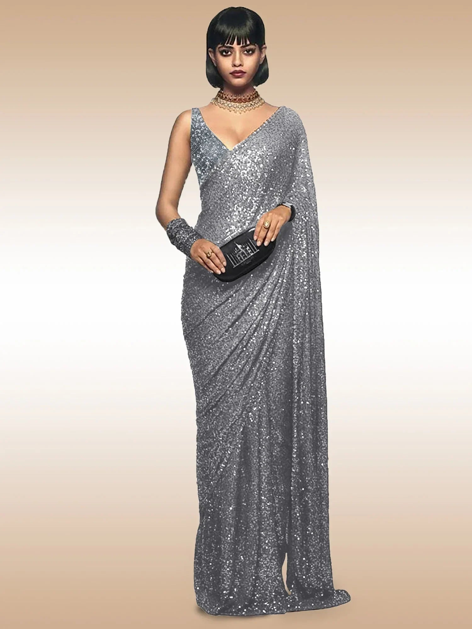 Grey Mehendi Sequins Party Wear Saree With Blouse