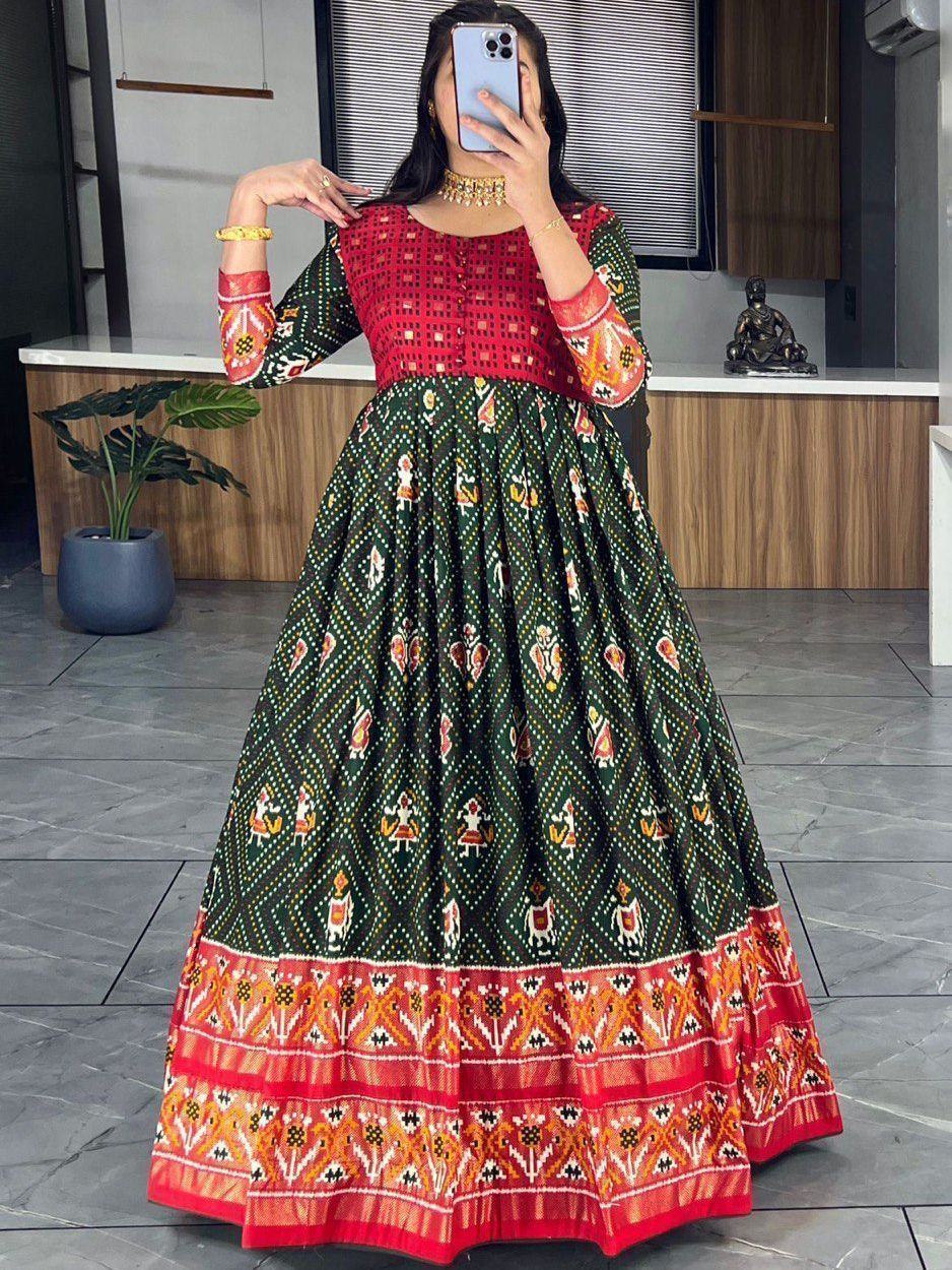 Red Marvelous & Bandhani Printed Silk Function Wear Gown