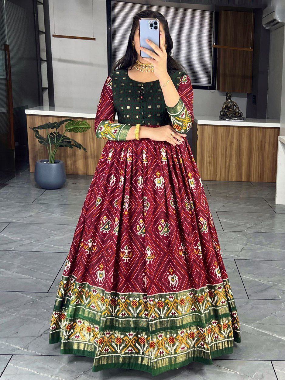 Maroon Marvelous & Bandhani Printed Silk Function Wear Gown