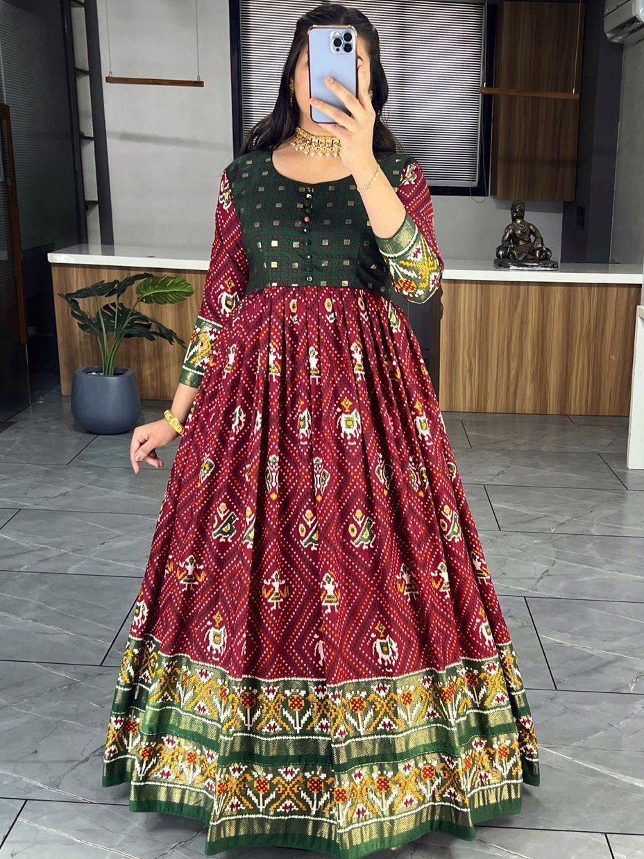 Maroon Marvelous & Bandhani Printed Silk Function Wear Gown