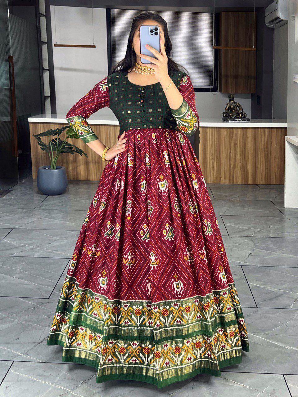 Maroon Marvelous & Bandhani Printed Silk Function Wear Gown