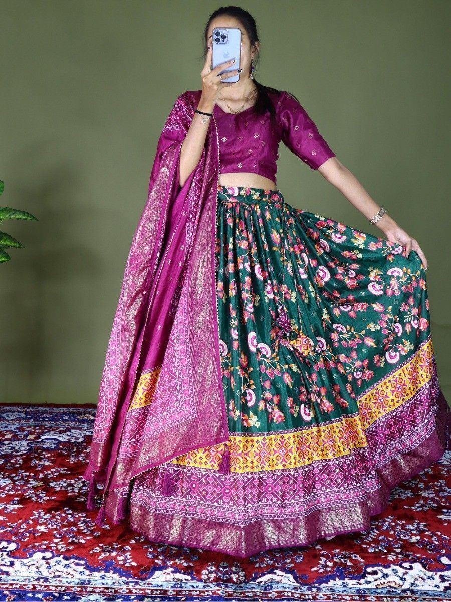Green Beautiful Floral Printed Dola Silk Traditional Lehenga Choli